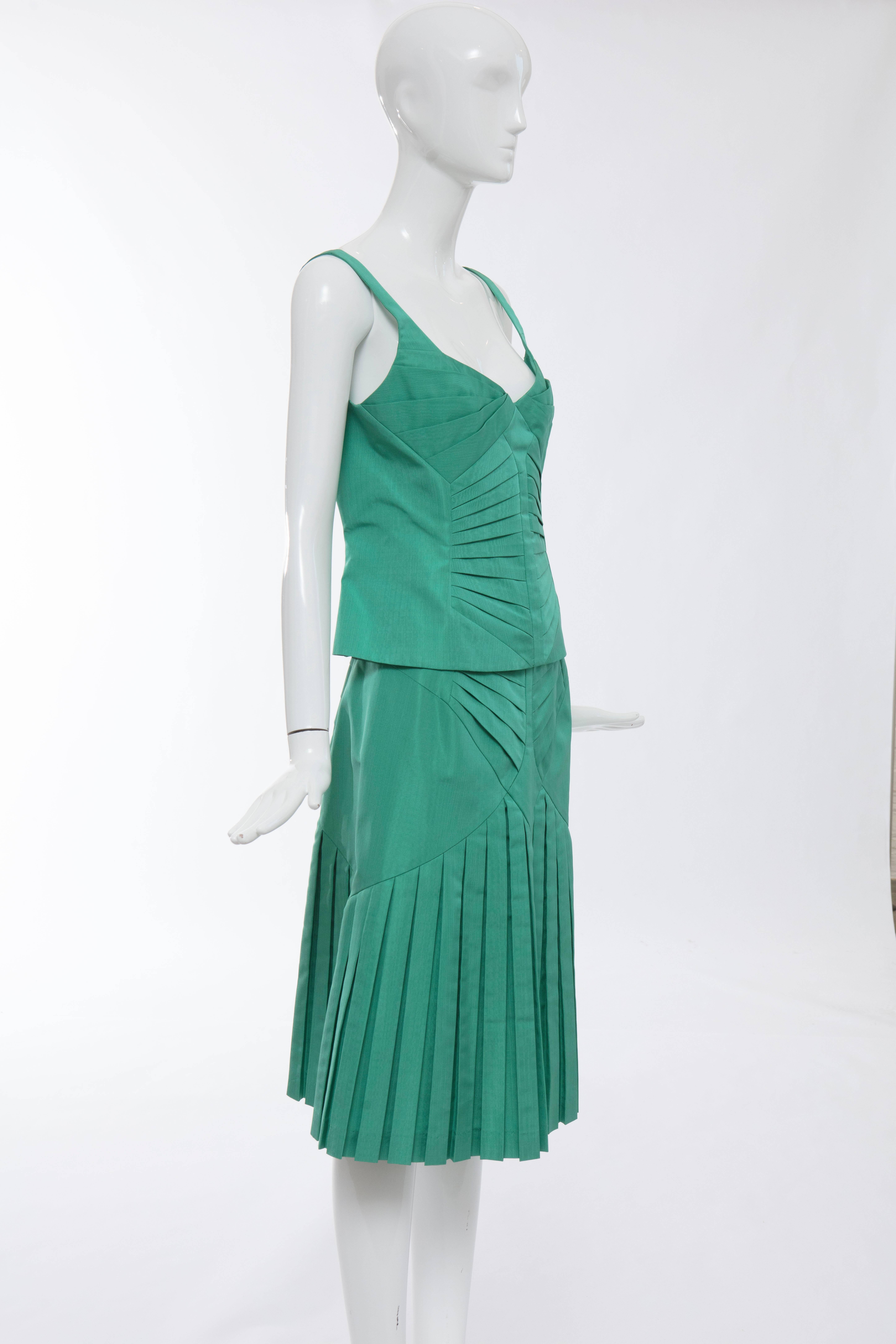 Women's Zac Posen Green Silk Moiré Pleated Skirt Suit, Fall 2005 For Sale