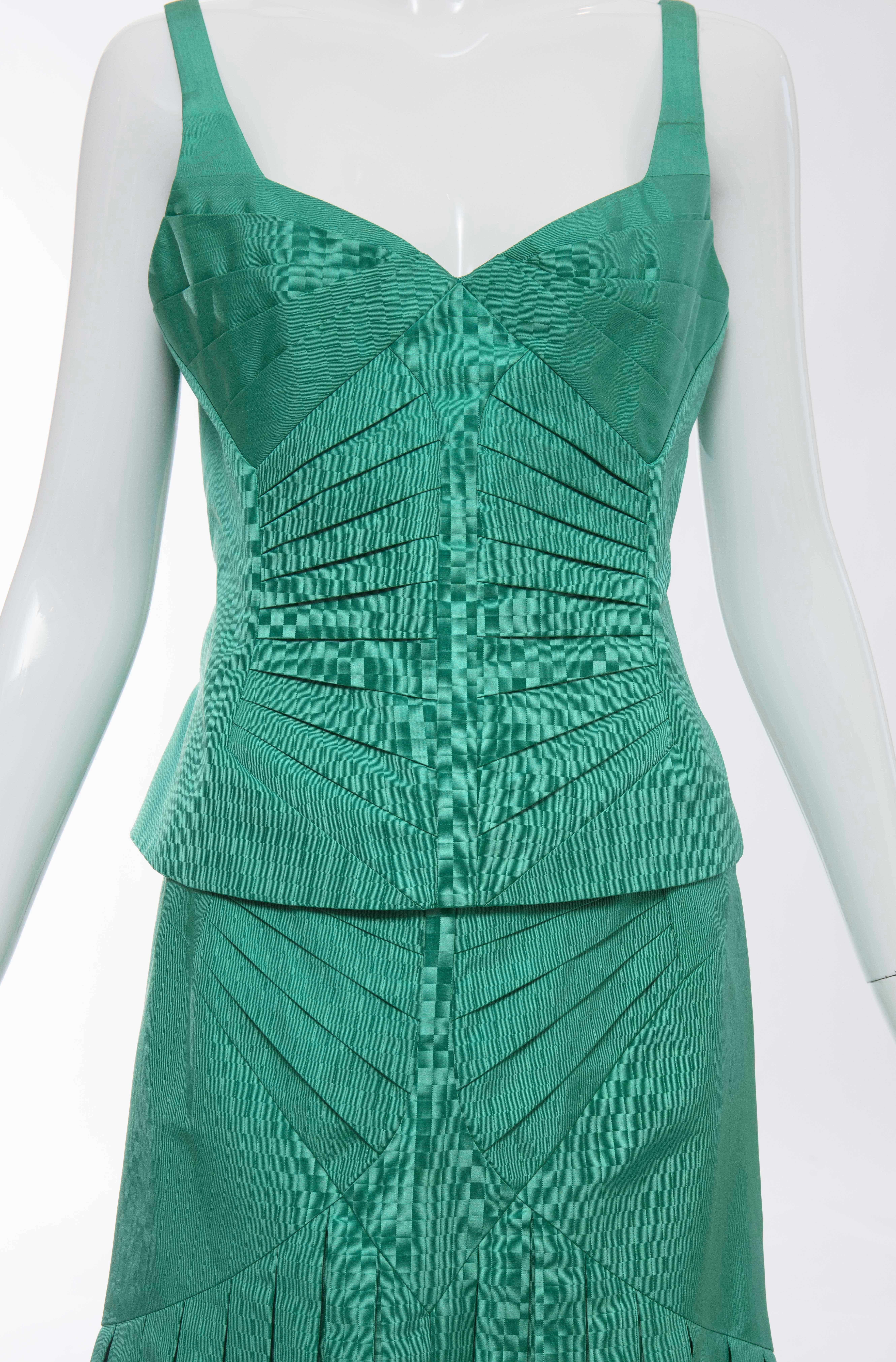 Zac Posen Green Silk Moiré Pleated Skirt Suit, Fall 2005 For Sale 1
