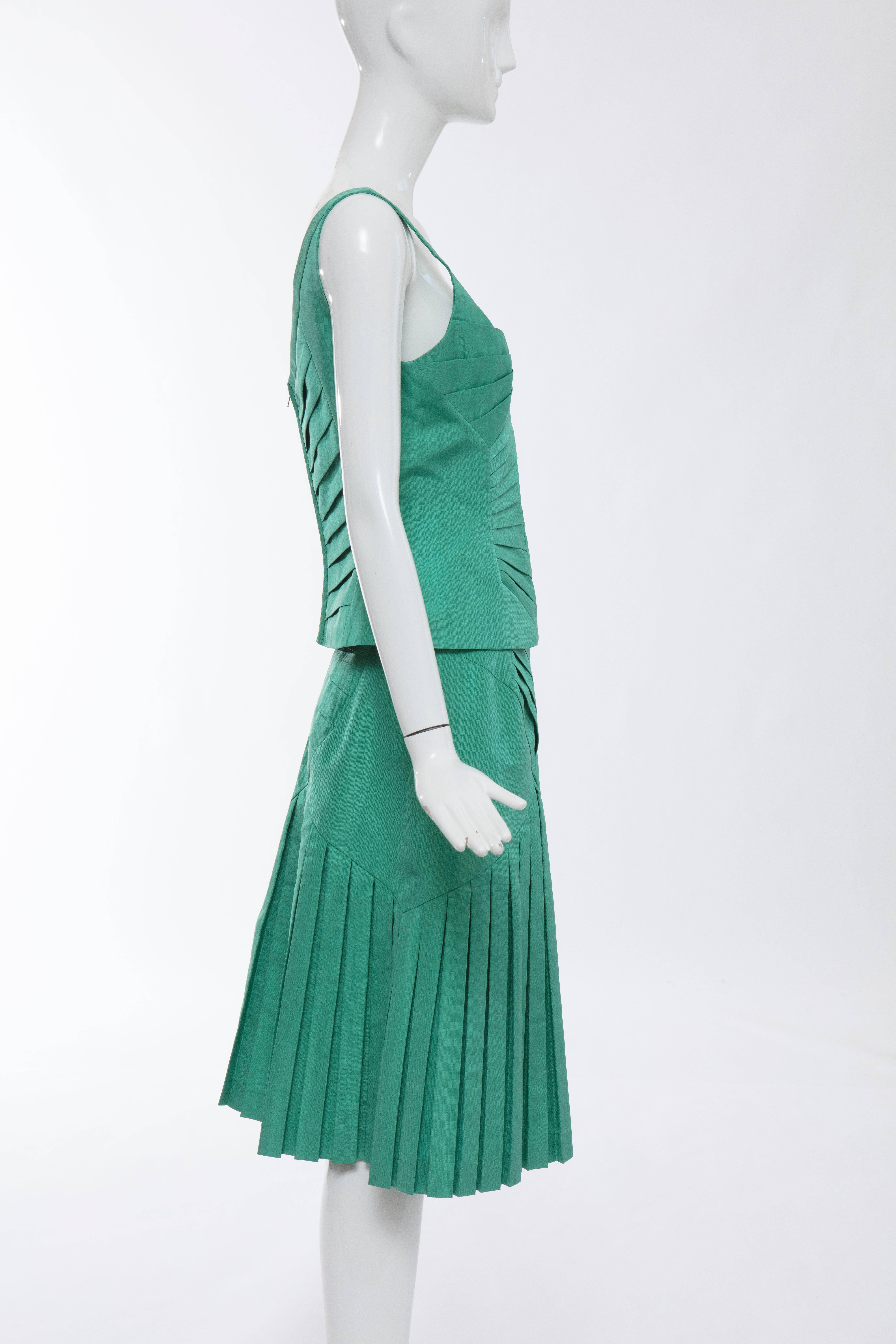 Zac Posen Green Silk Moiré Pleated Skirt Suit, Fall 2005 For Sale 3