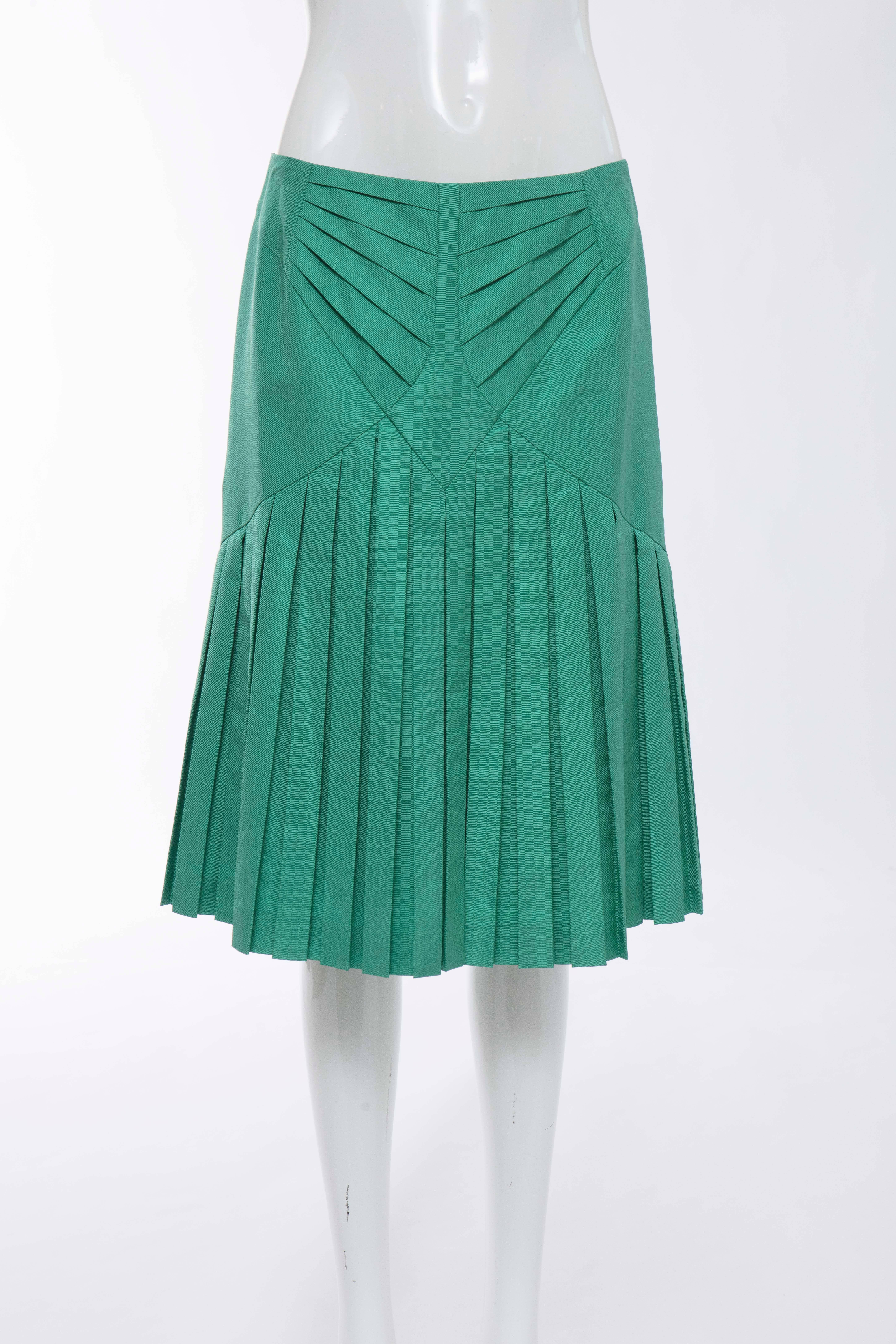 Zac Posen Green Silk Moiré Pleated Skirt Suit, Fall 2005 For Sale 4
