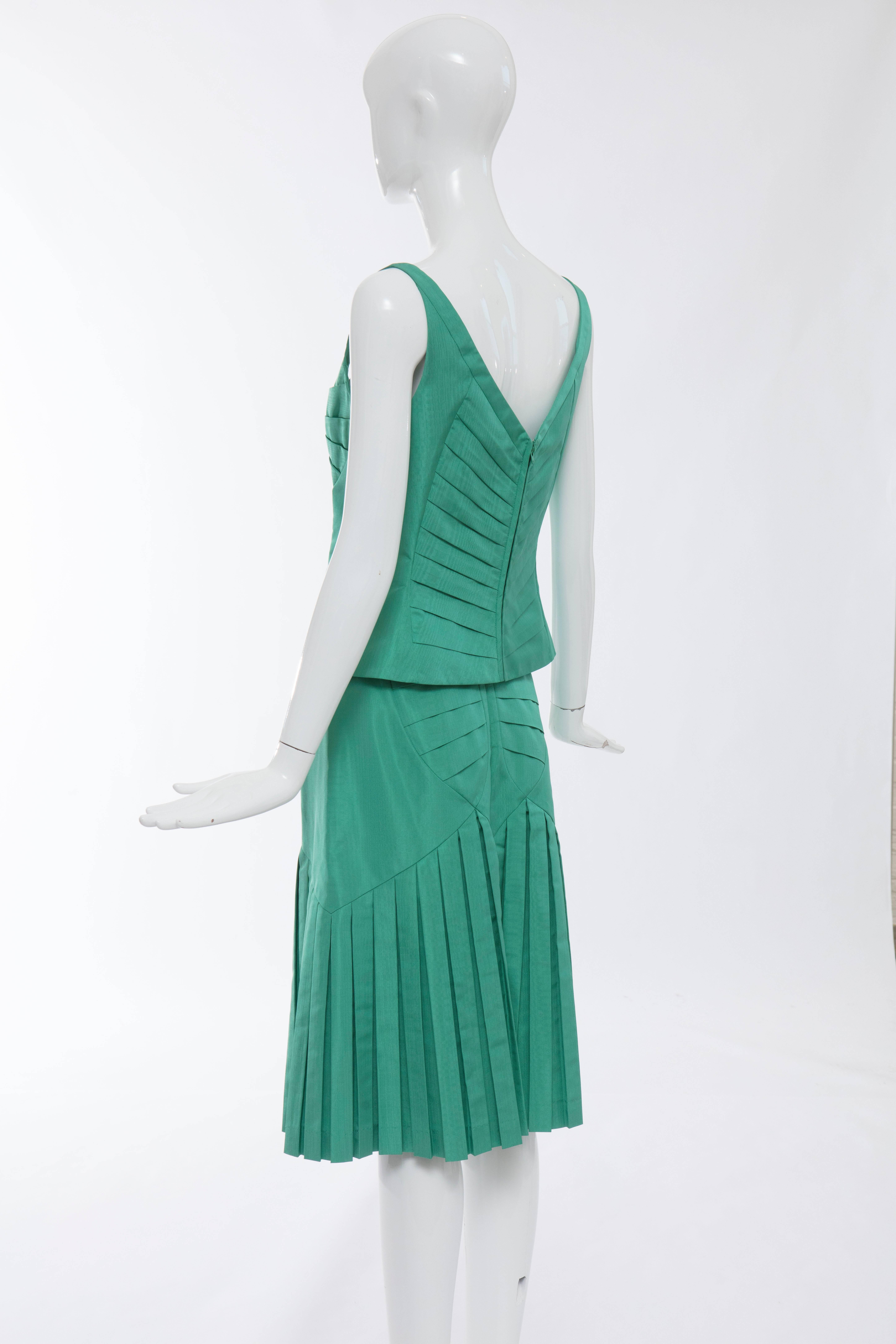 Zac Posen Green Silk Moiré Pleated Skirt Suit, Fall 2005 For Sale 5