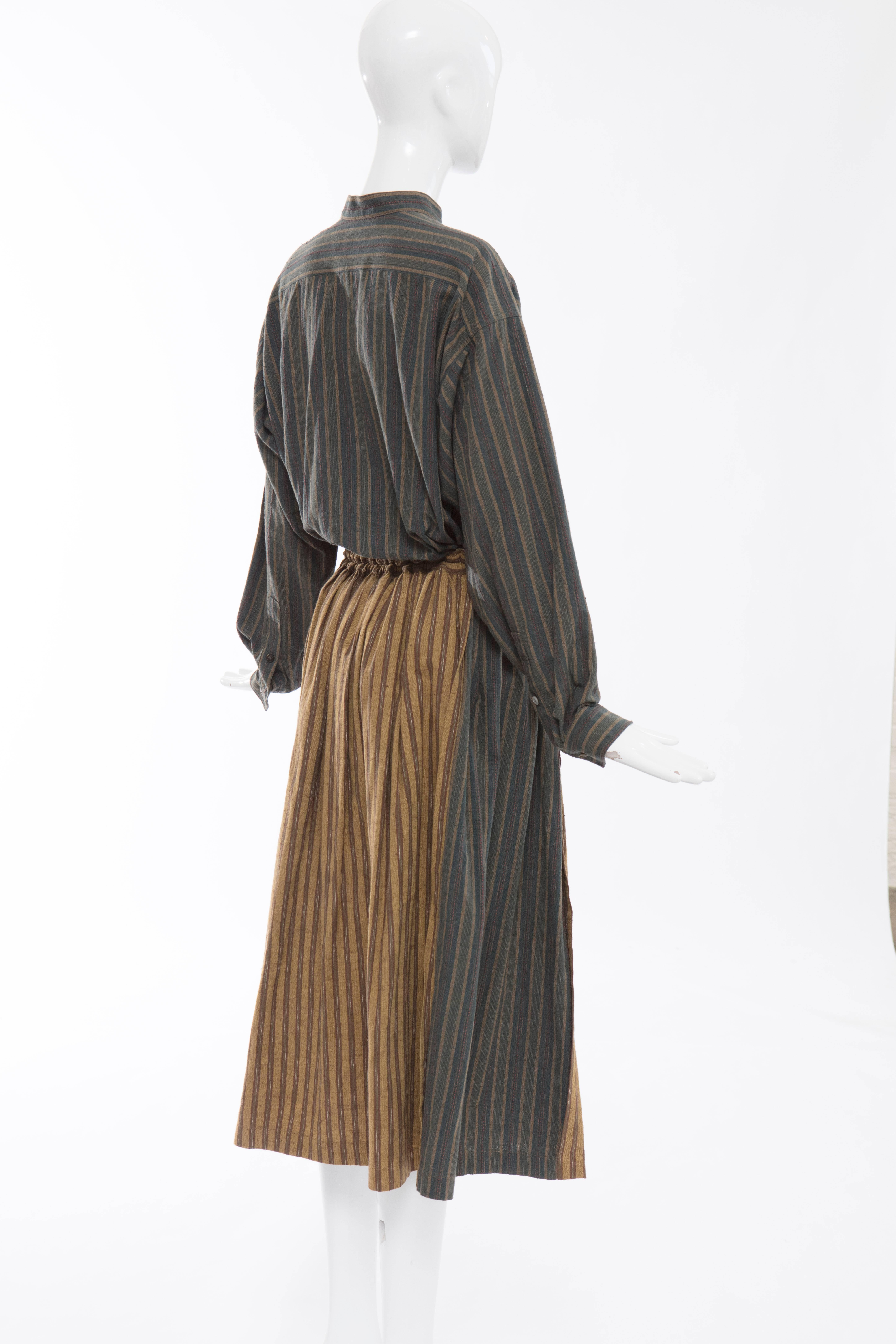 Brown Issey Miyake Plantation Striped Woven Cotton Skirt Suit, Circa 1980's