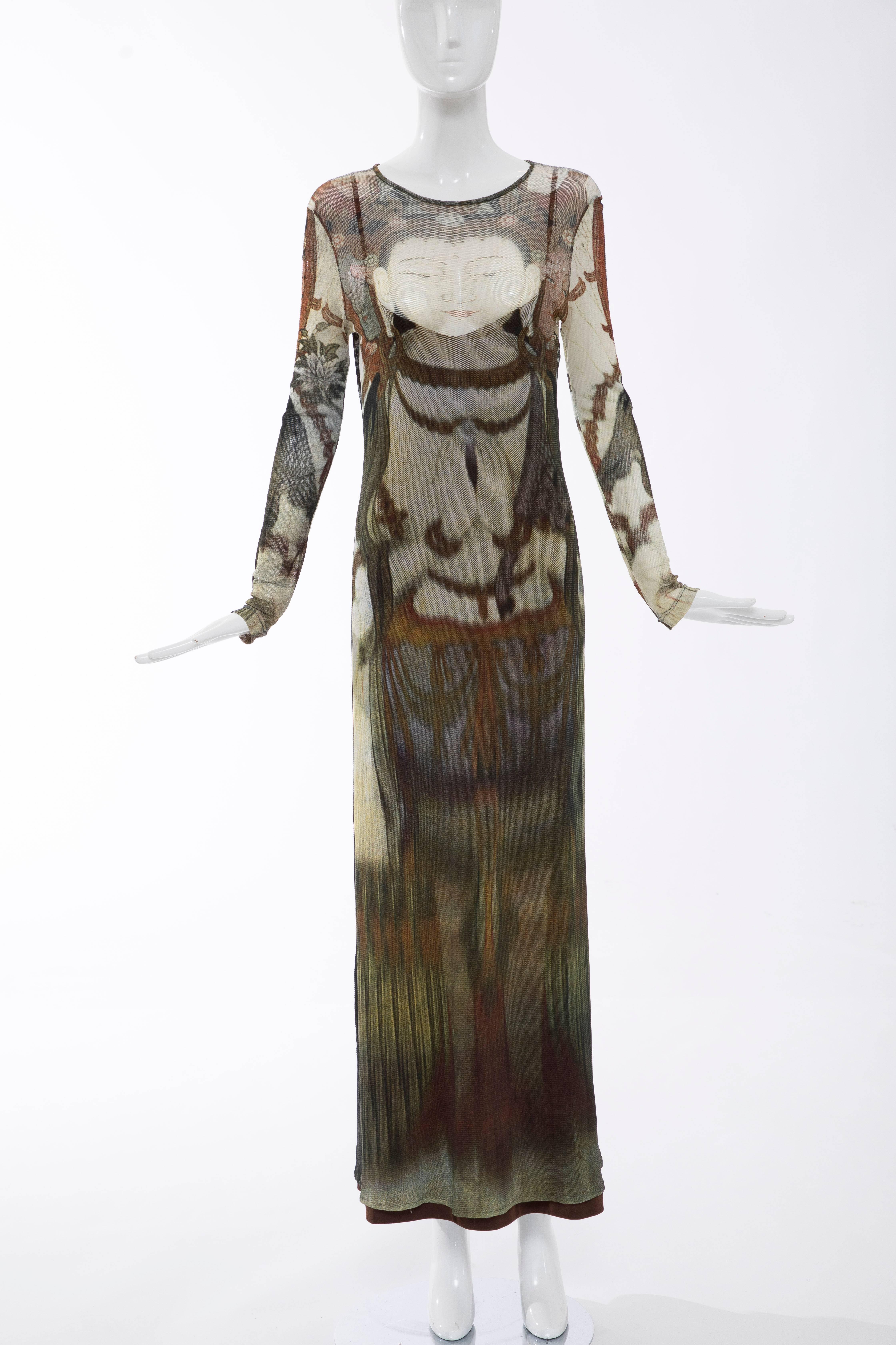 Vivienne Tam, circa 1990's long sleeve printed stretch knit maxi dress from the Buddah Collection with brown slip dress.

Size: 2
US. Medium

Bust 40, Waist 34, Hips 42, Length 57