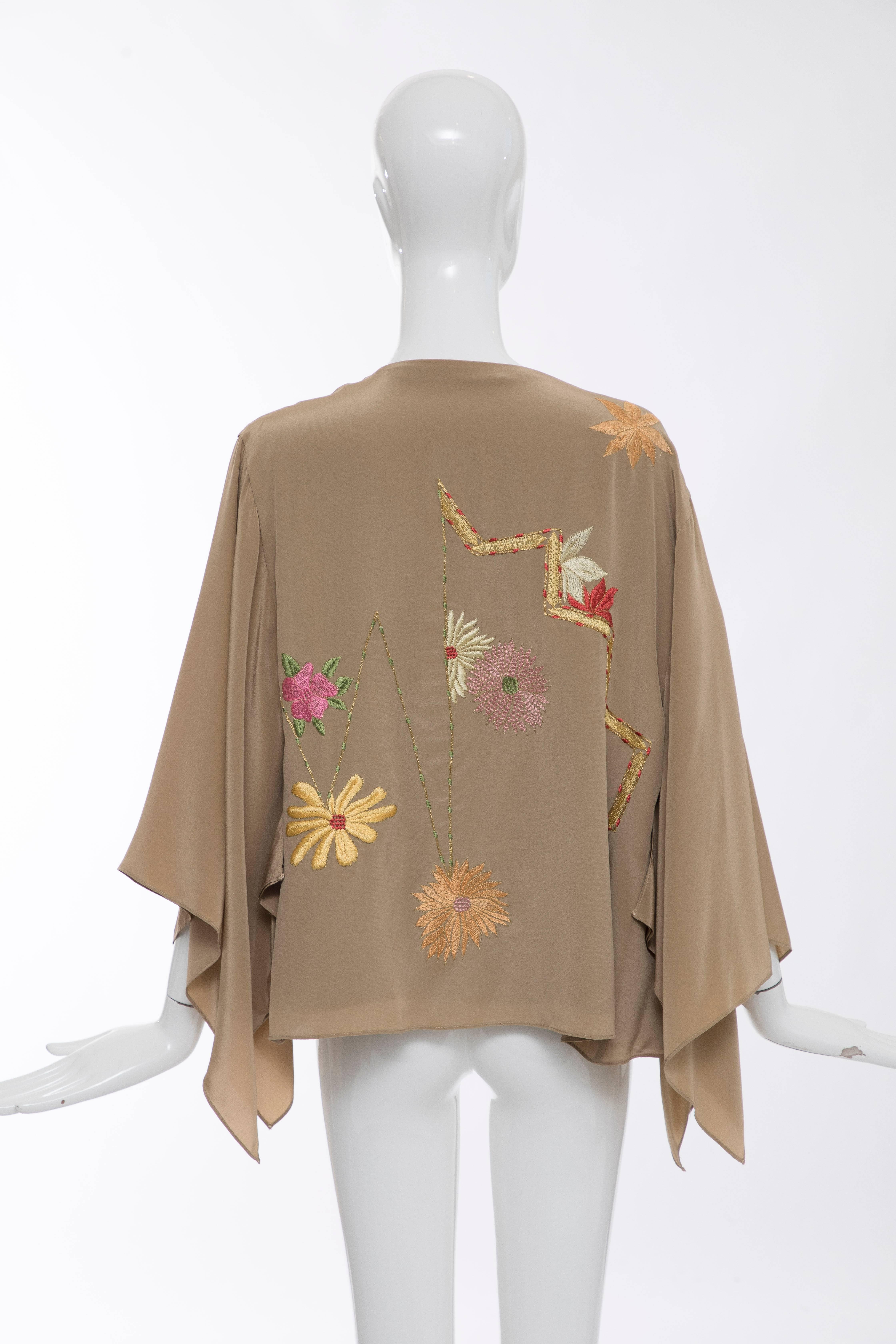 Brown Natori Silk Floral Embroidered Kimono Jacket, Spring 2005
