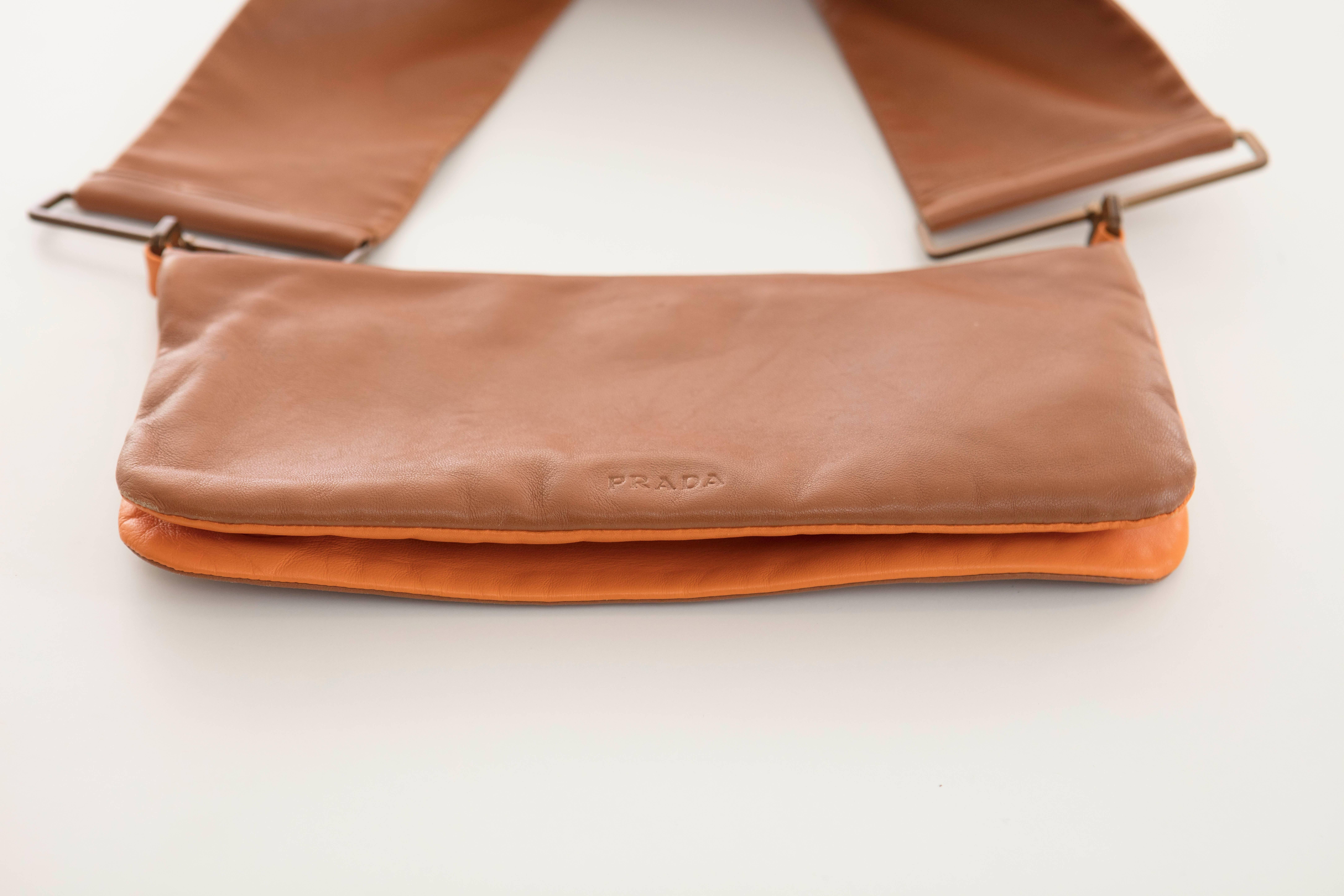 Prada Snap Front Cognac Tangerine Leather Shoulder Bag 2