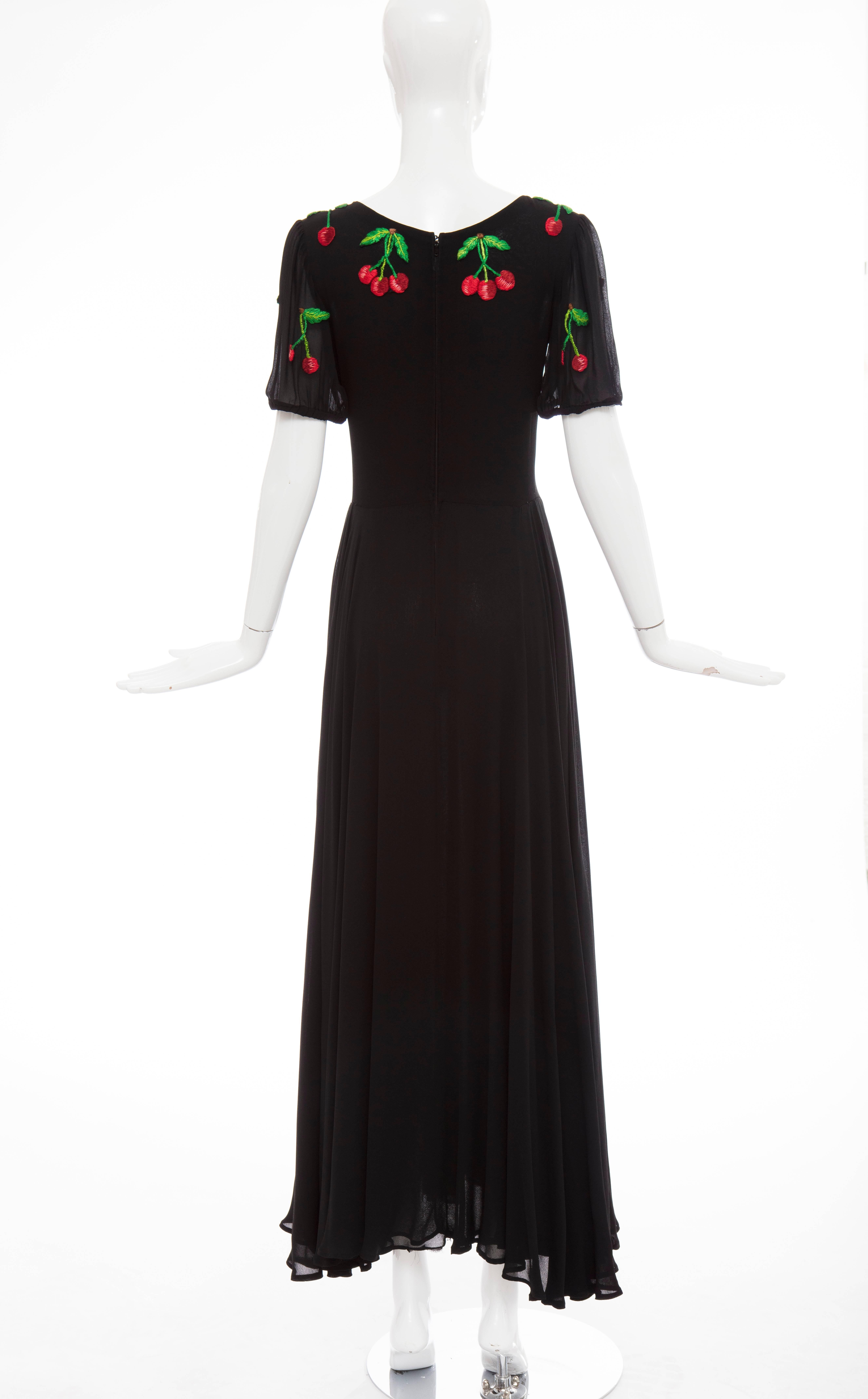 Valentino Black Crepe Evening Dress With Hand Embroidered Cherries, Circa 1970's In Good Condition In Cincinnati, OH
