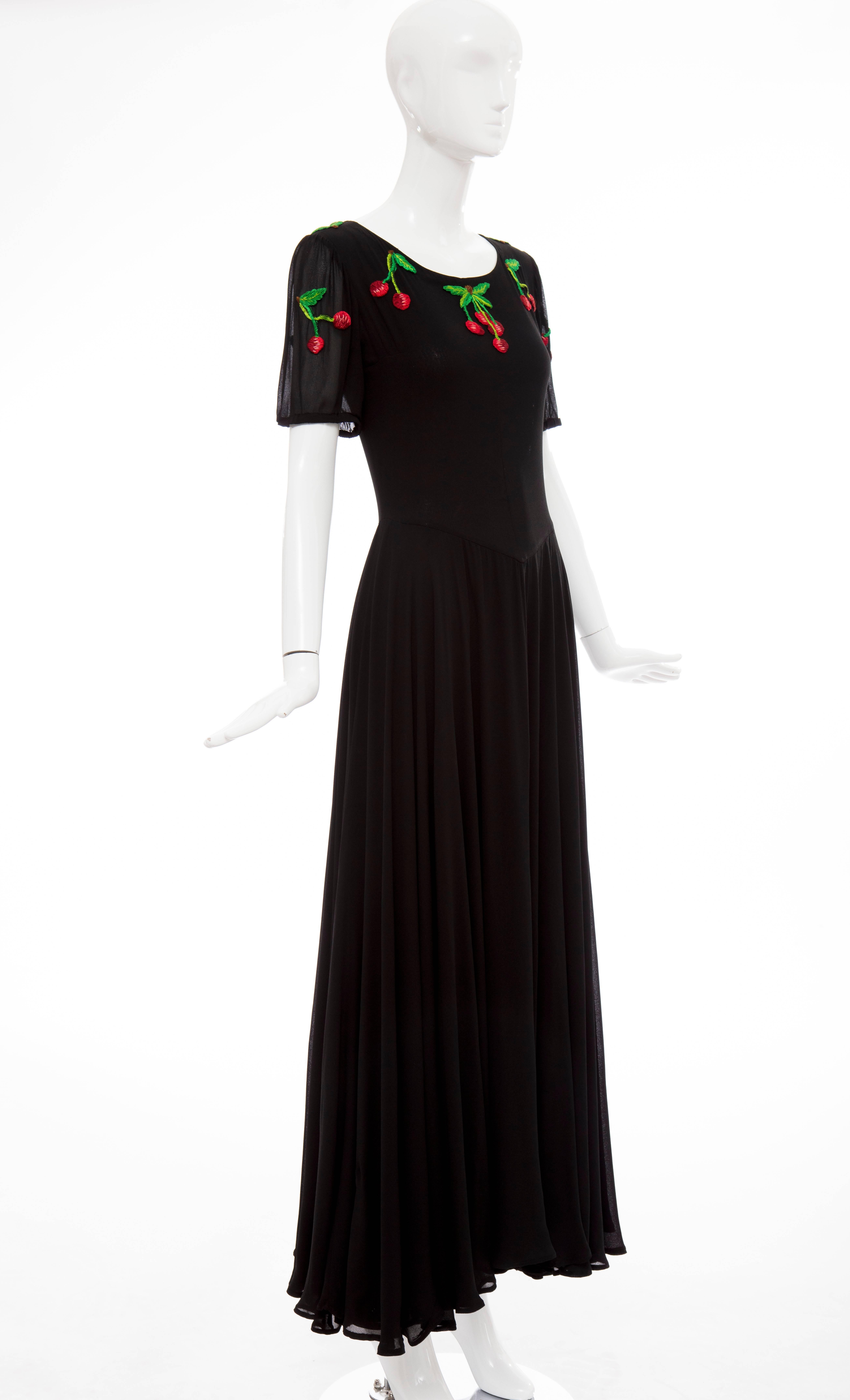 Women's Valentino Black Crepe Evening Dress With Hand Embroidered Cherries, Circa 1970's