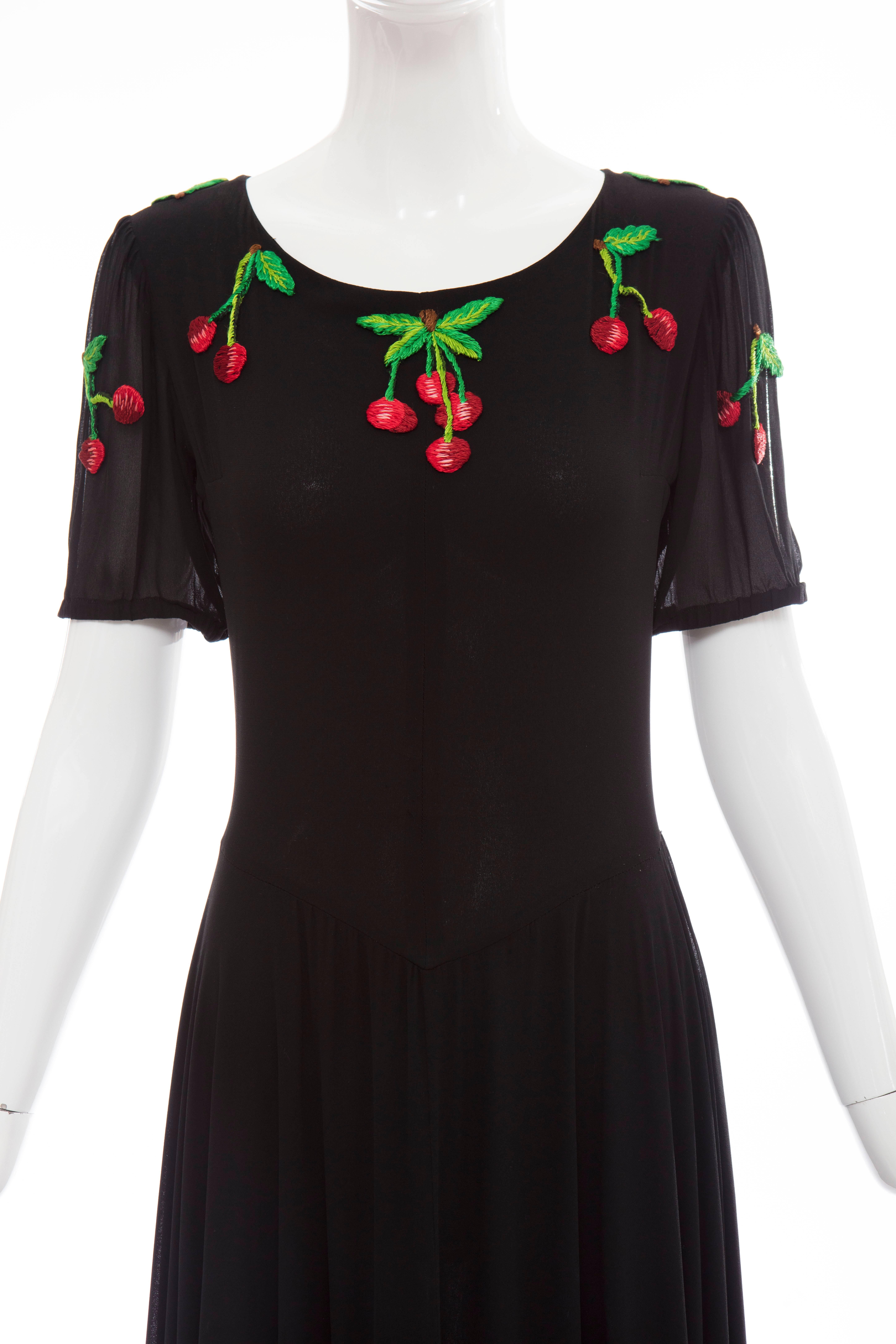 Valentino Black Crepe Evening Dress With Hand Embroidered Cherries, Circa 1970's 1