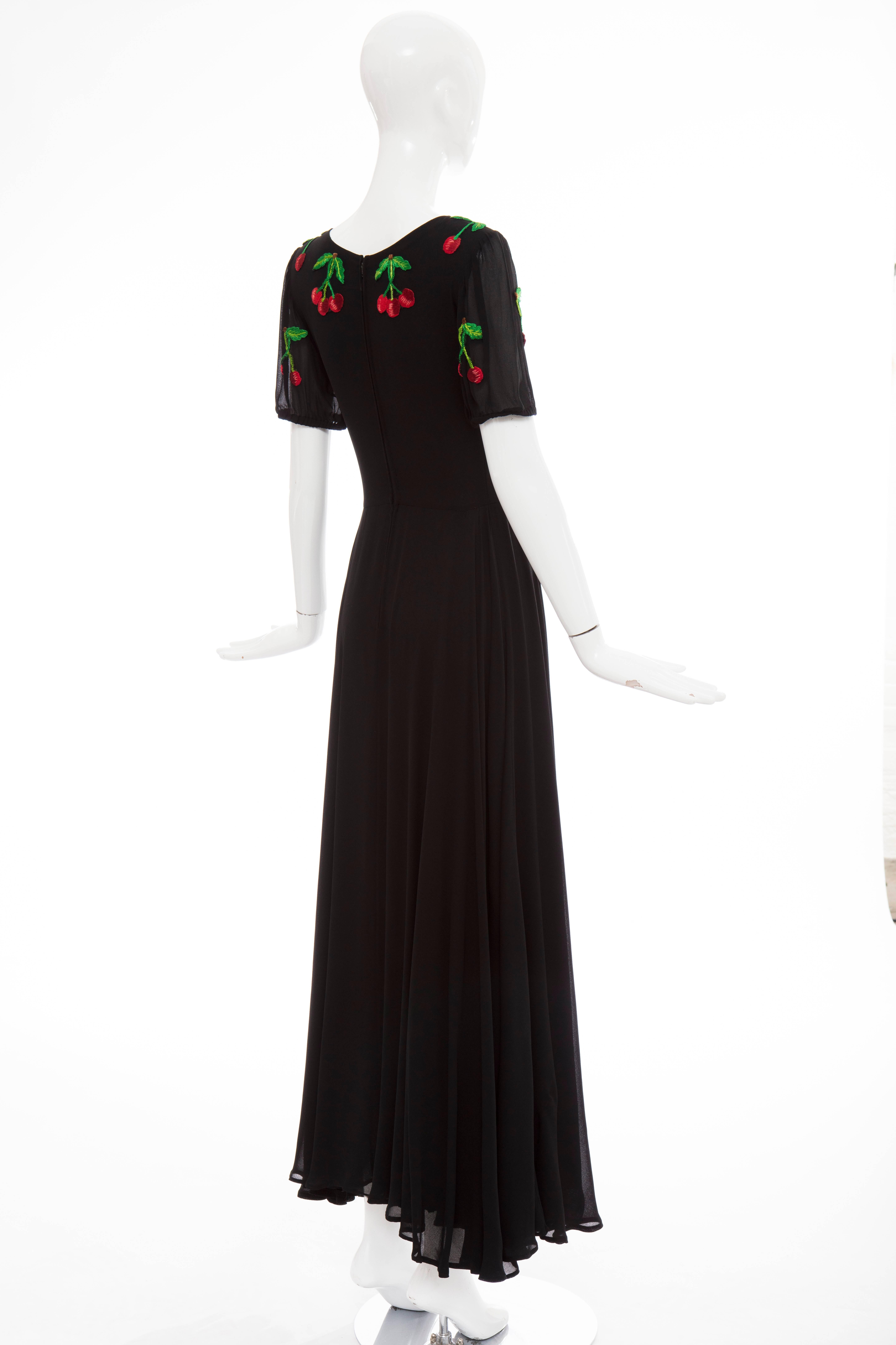 Valentino Black Crepe Evening Dress With Hand Embroidered Cherries, Circa 1970's 2