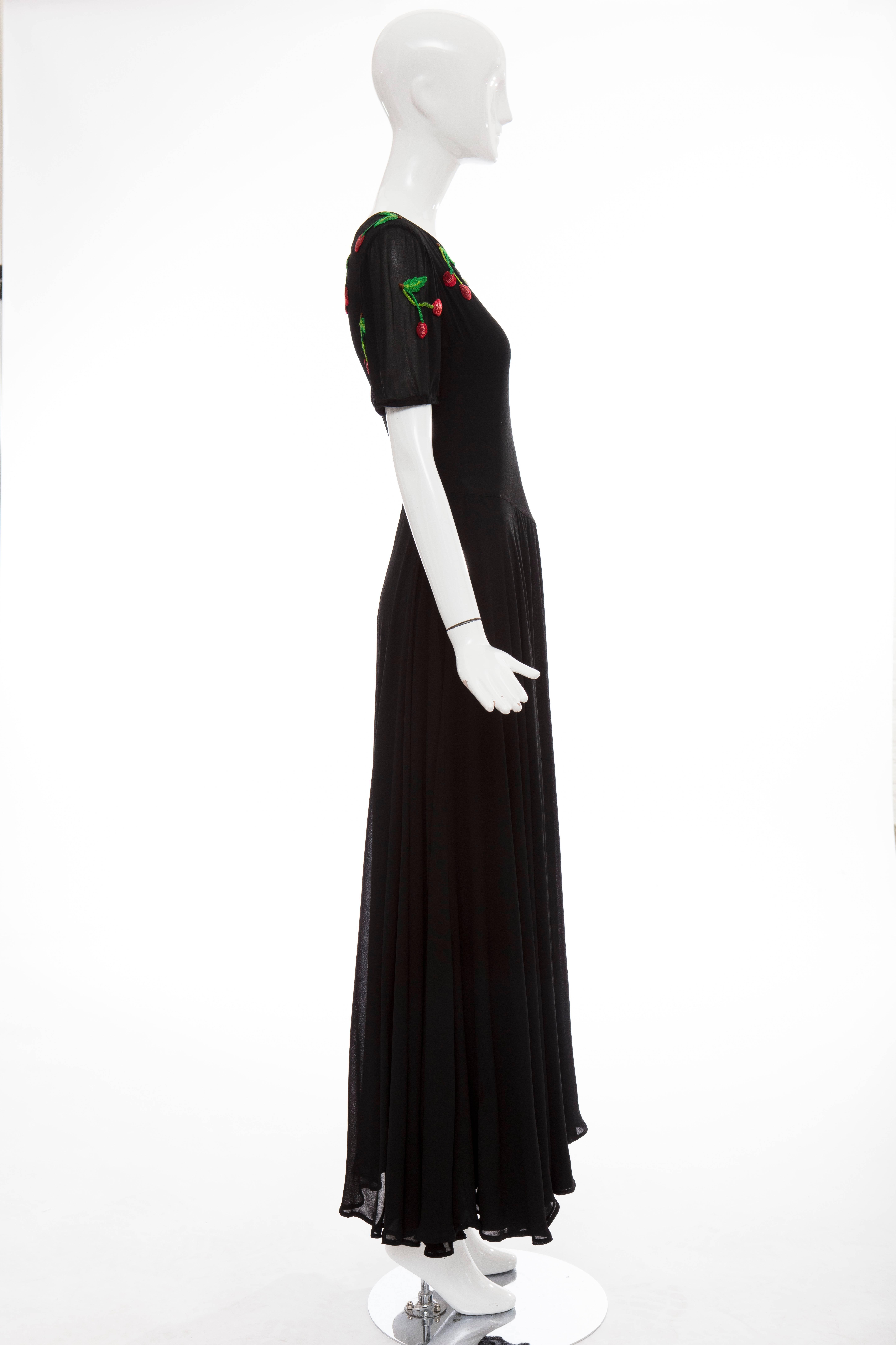 Valentino Black Crepe Evening Dress With Hand Embroidered Cherries, Circa 1970's 3