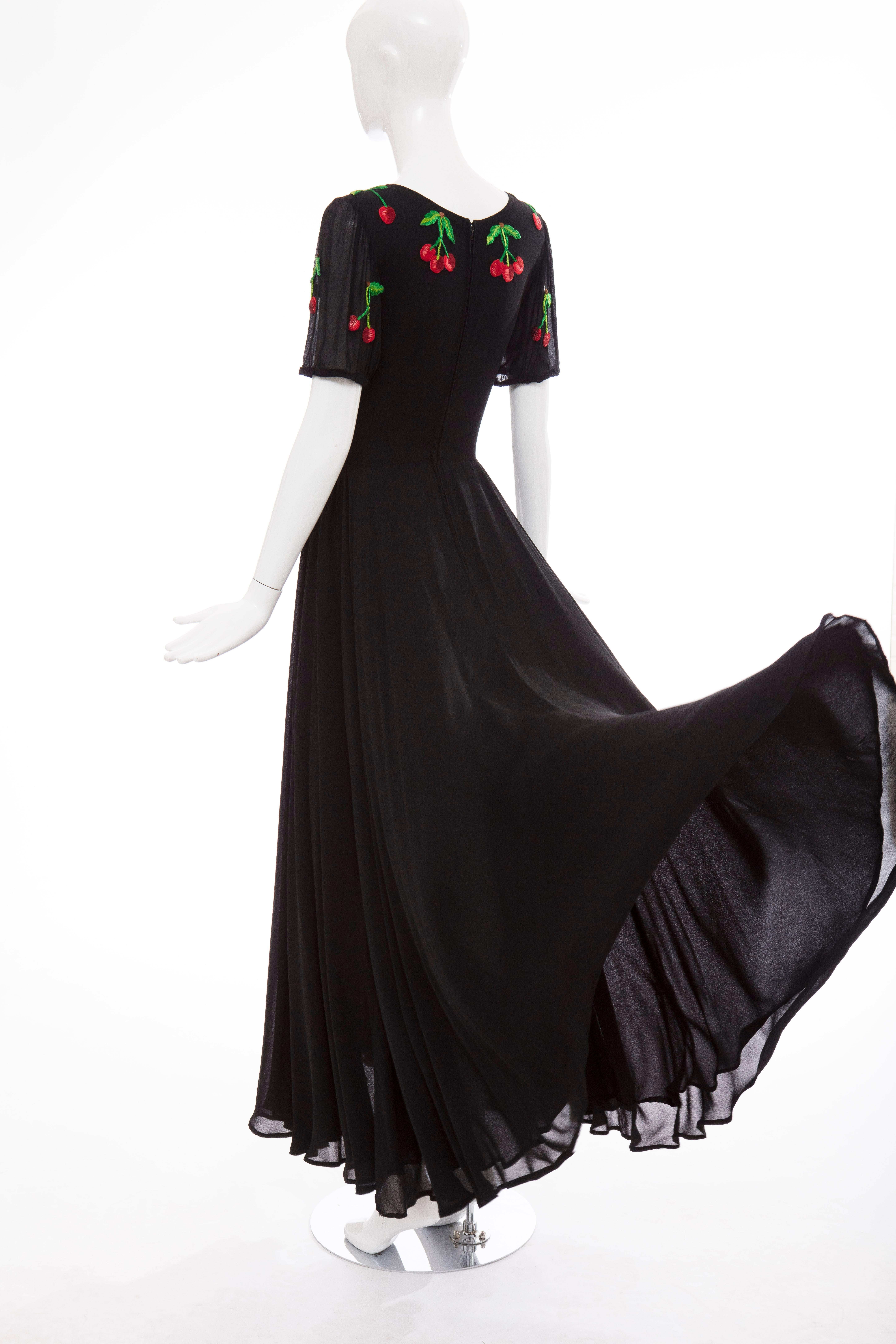 Valentino Black Crepe Evening Dress With Hand Embroidered Cherries, Circa 1970's 4