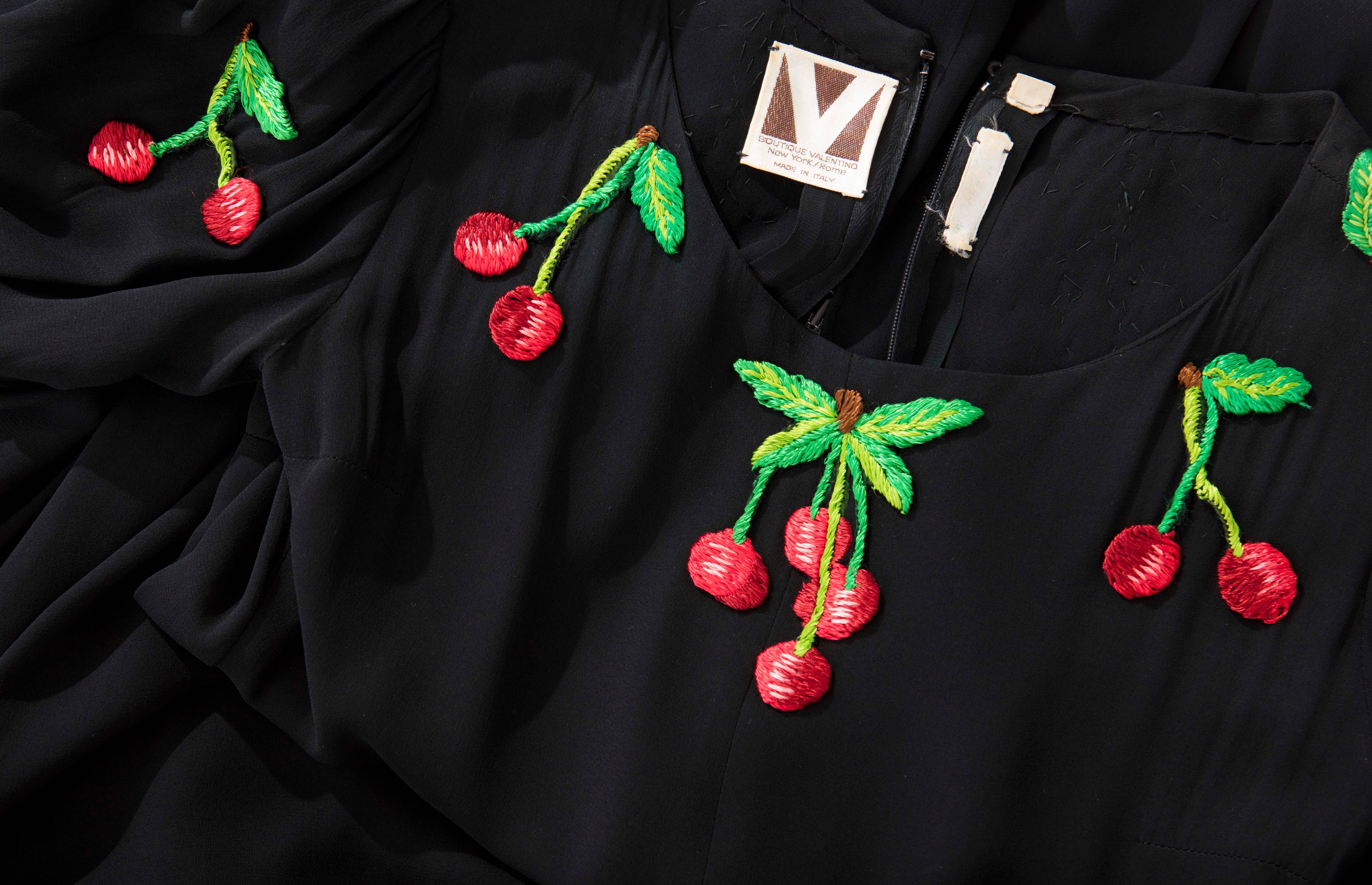 Valentino Black Crepe Evening Dress With Hand Embroidered Cherries, Circa 1970's 5