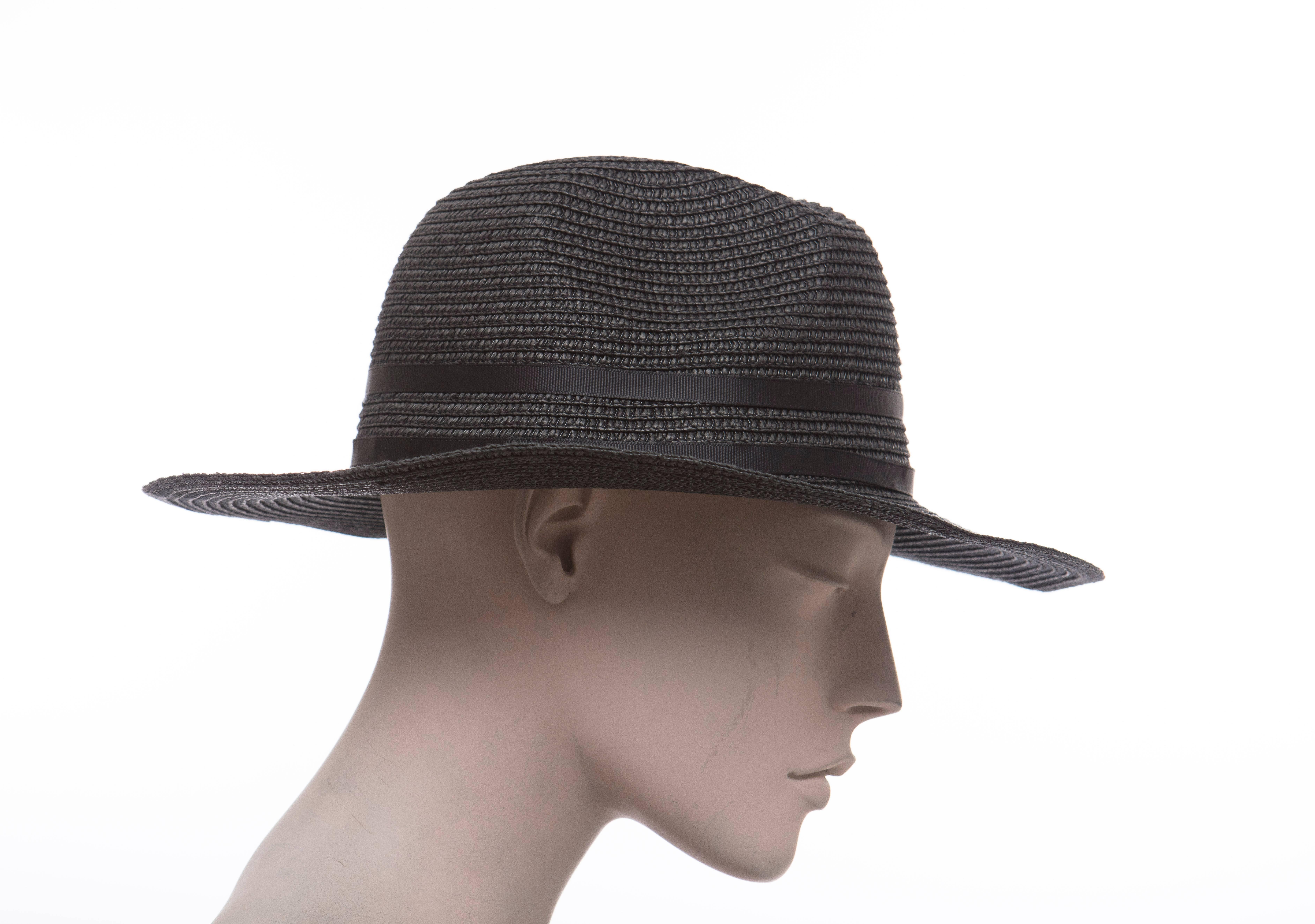 Women's Yves Saint Laurent Black Straw Hat With Crystal Stars And Black Grosgrain Trim