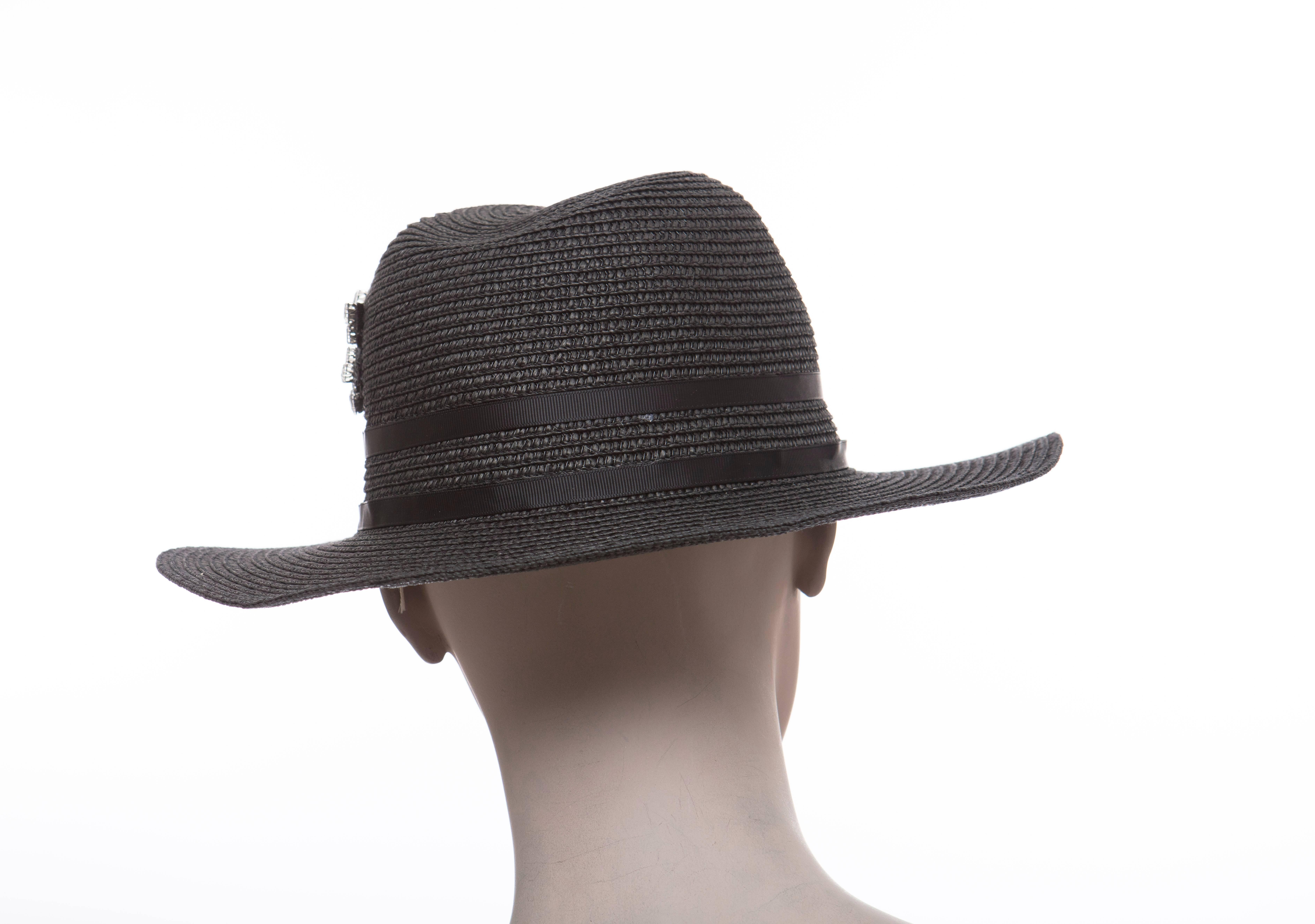 Yves Saint Laurent Black Straw Hat With Crystal Stars And Black Grosgrain Trim 2
