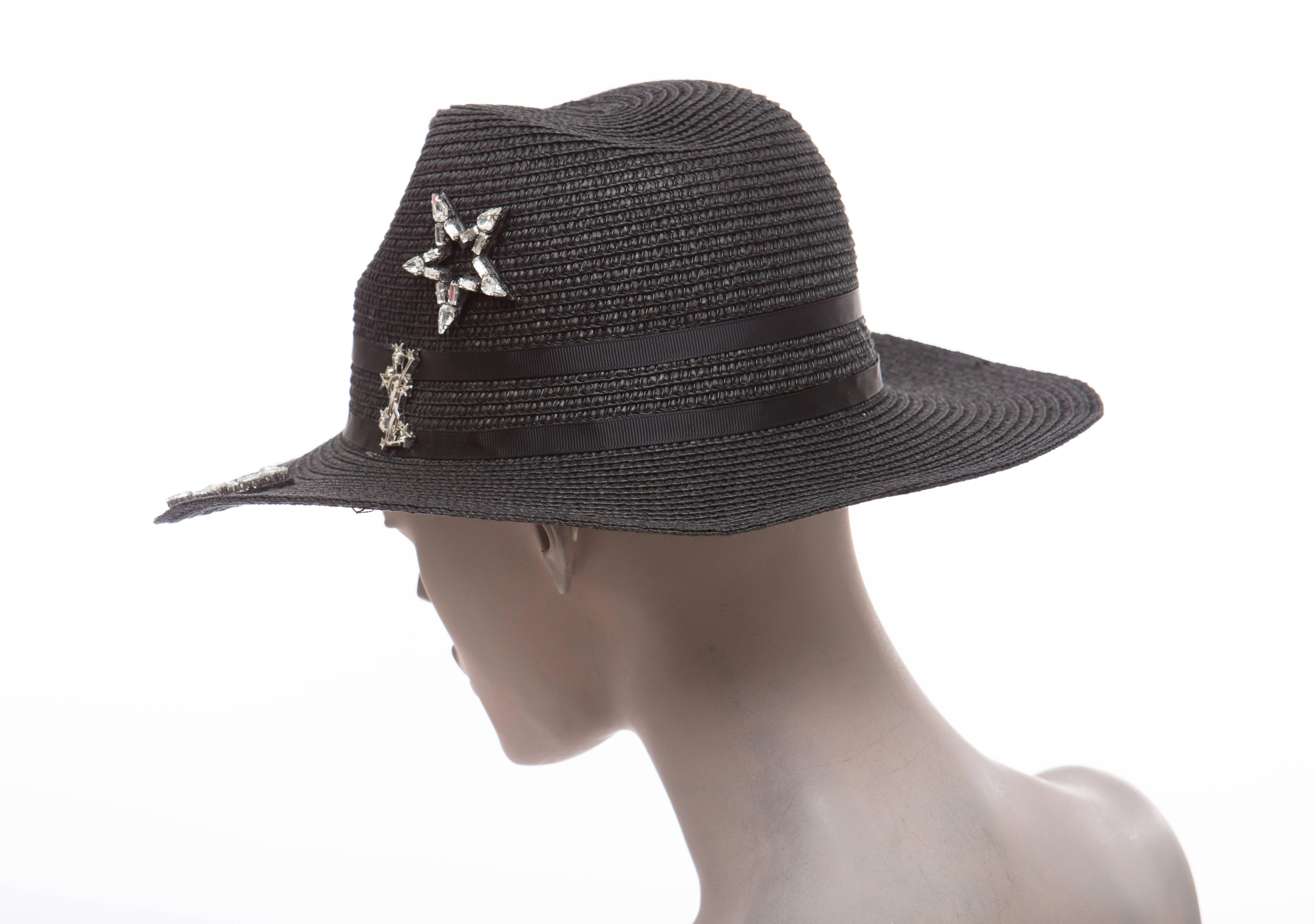 Yves Saint Laurent Black Straw Hat With Crystal Stars And Black Grosgrain Trim 3