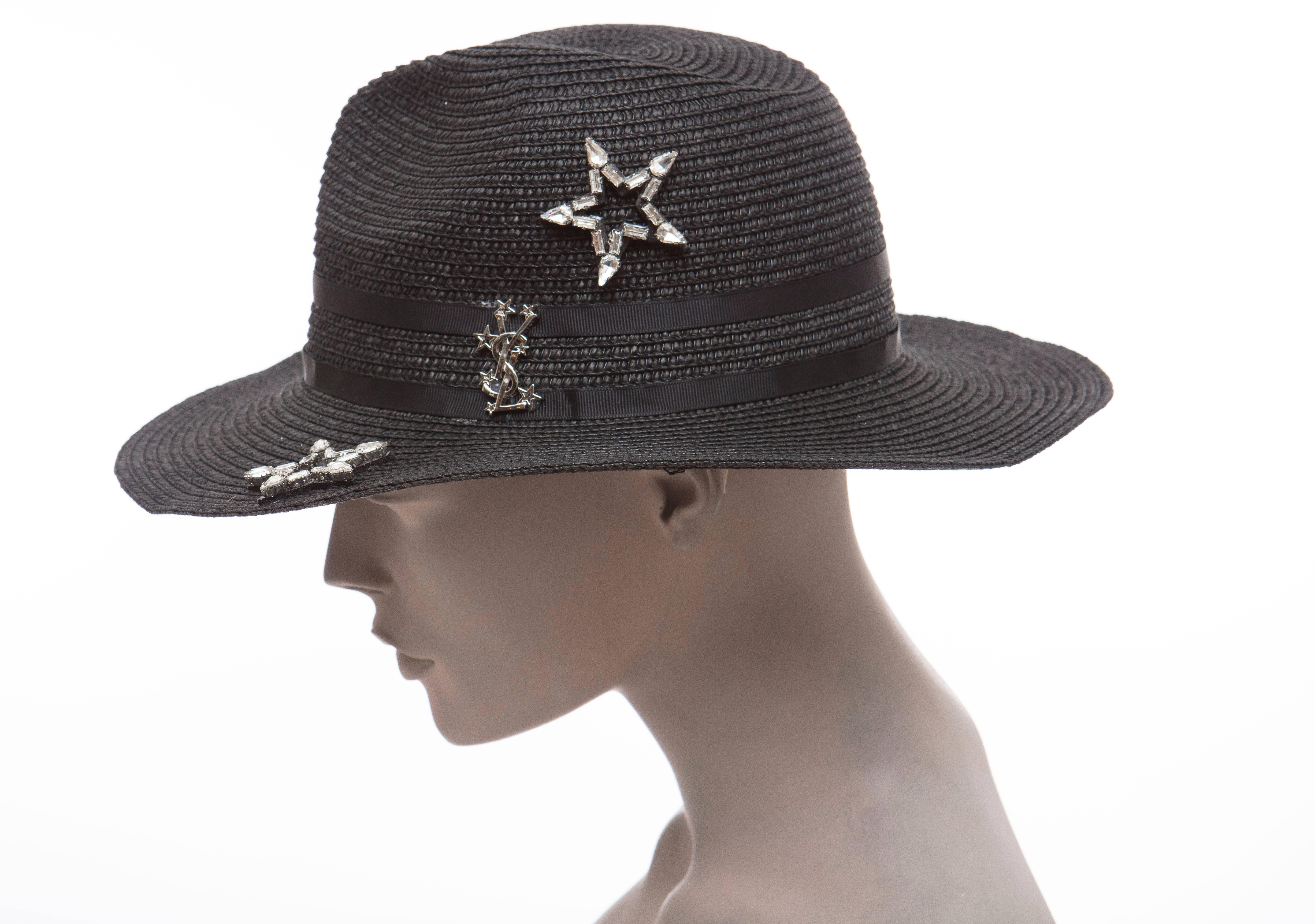 Yves Saint Laurent Black Straw Hat With Crystal Stars And Black Grosgrain Trim 4