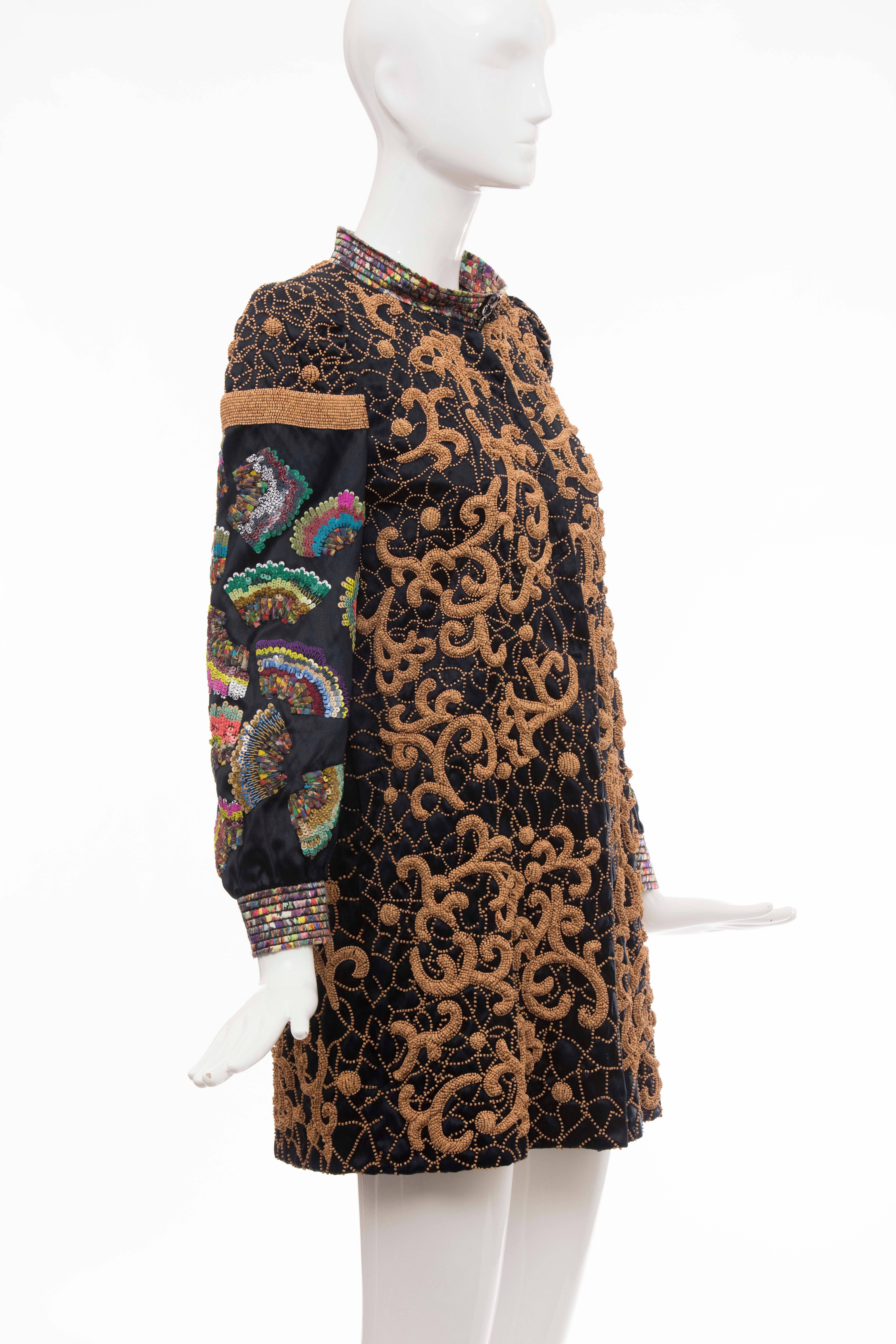 Women's Dries Van Noten Black Silk Cotton Wood Beaded And Sequins Coat, Fall 2008 For Sale