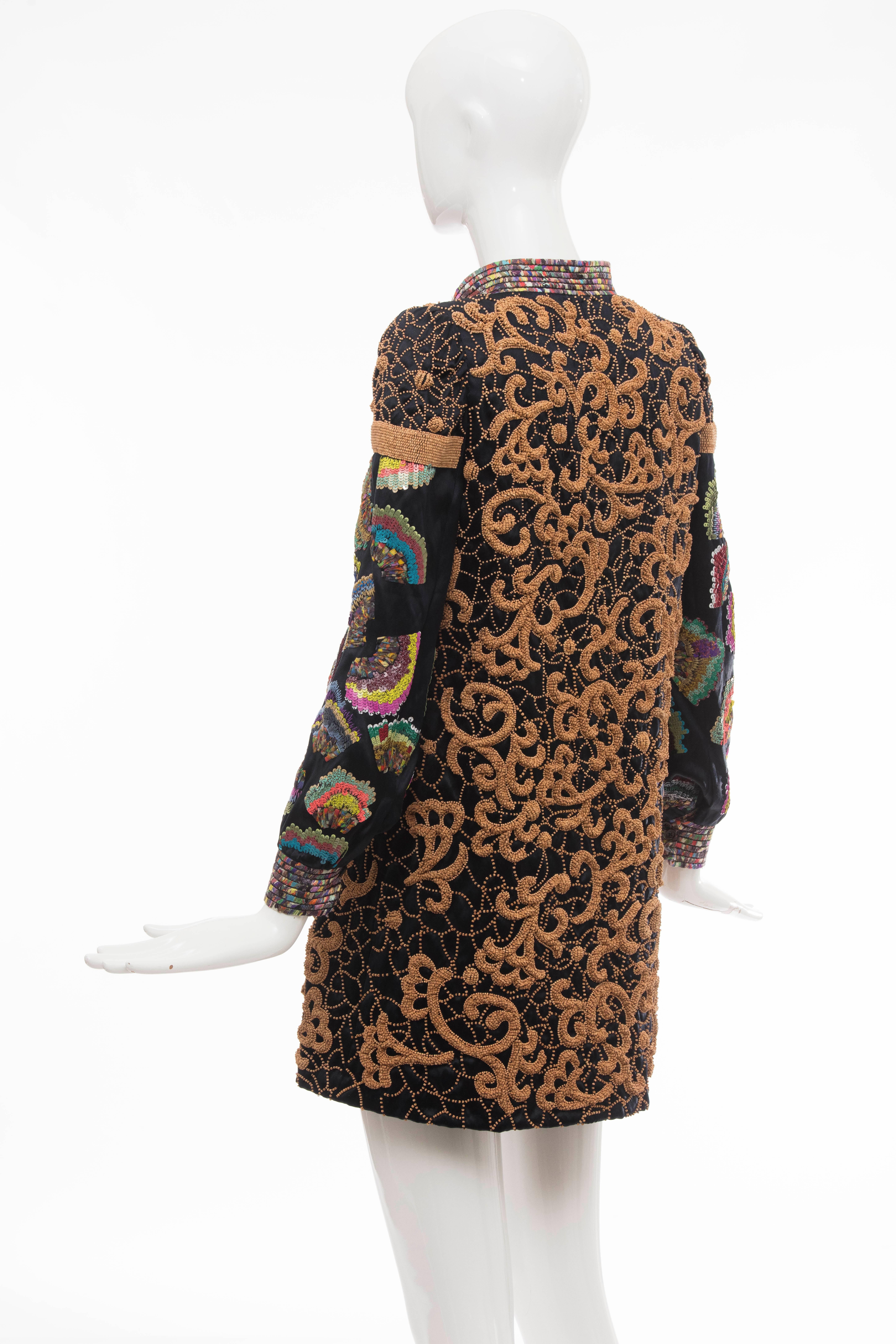 Dries Van Noten Black Silk Cotton Wood Beaded And Sequins Coat, Fall 2008 For Sale 5