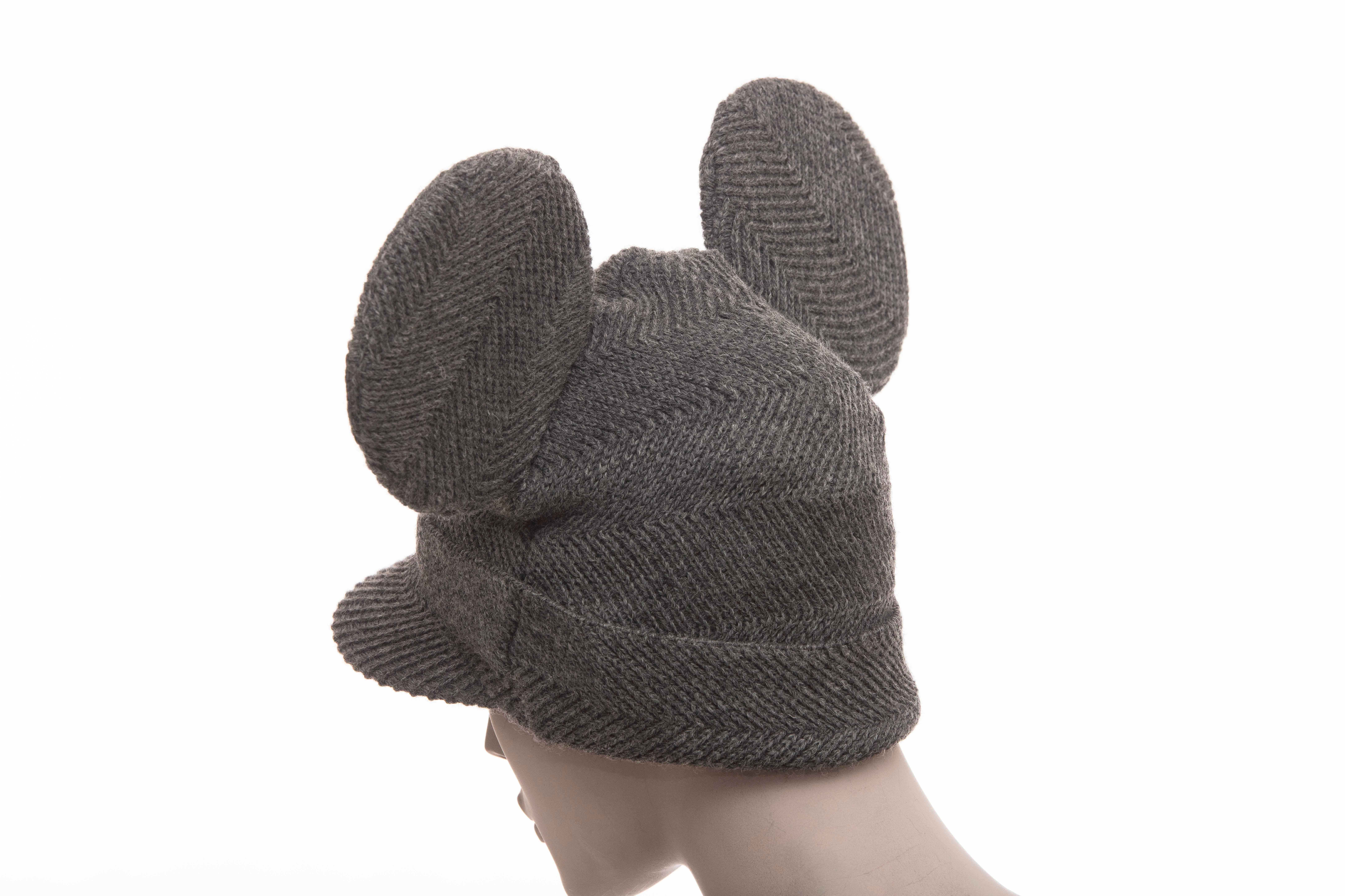 Gray Comme des Garcons Stephen Jones Grey Wool Herringbone Mouse Ears Hat, Fall 2013