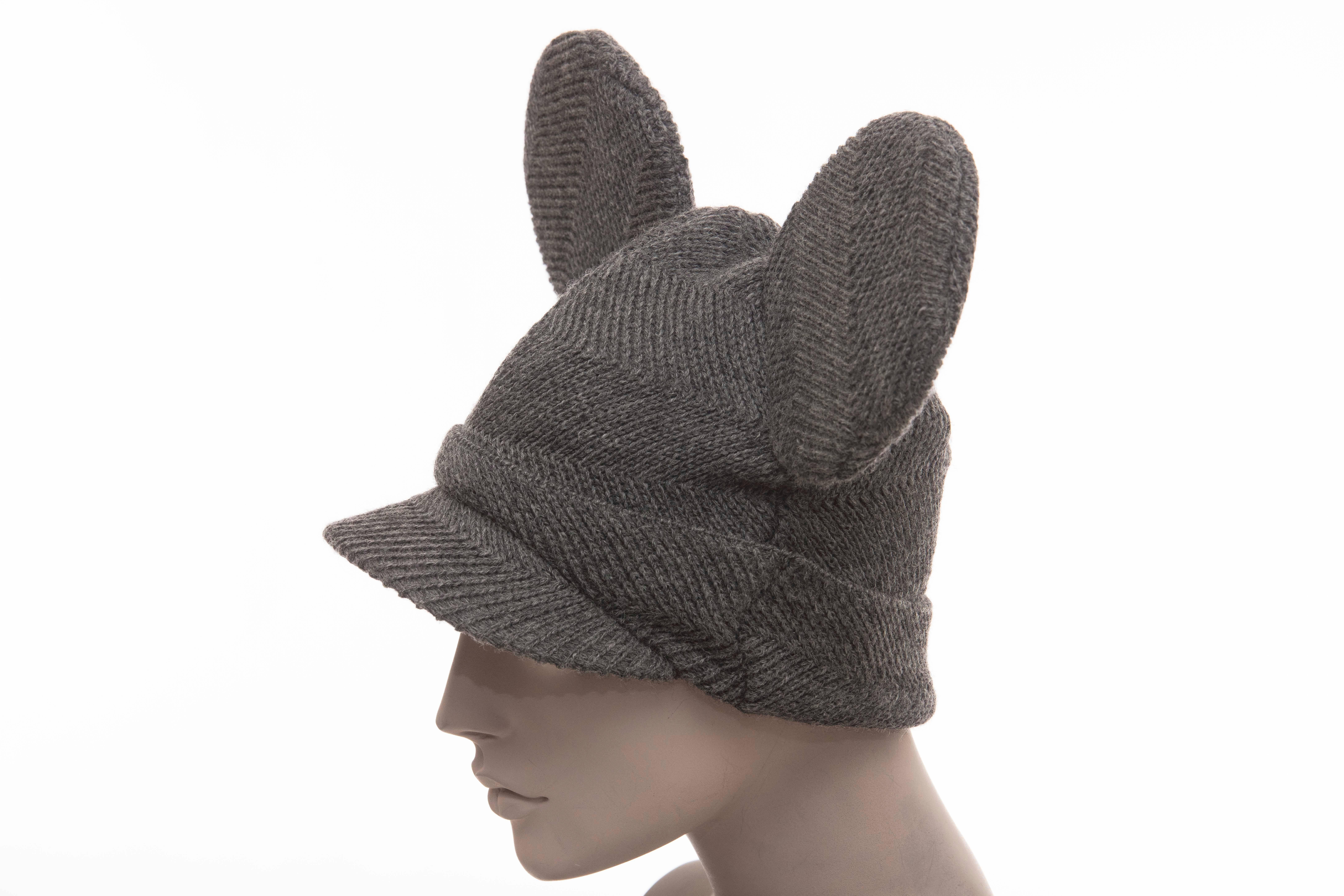 Comme des Garcons Stephen Jones Grey Wool Herringbone Mouse Ears Hat, Fall 2013 In Excellent Condition In Cincinnati, OH