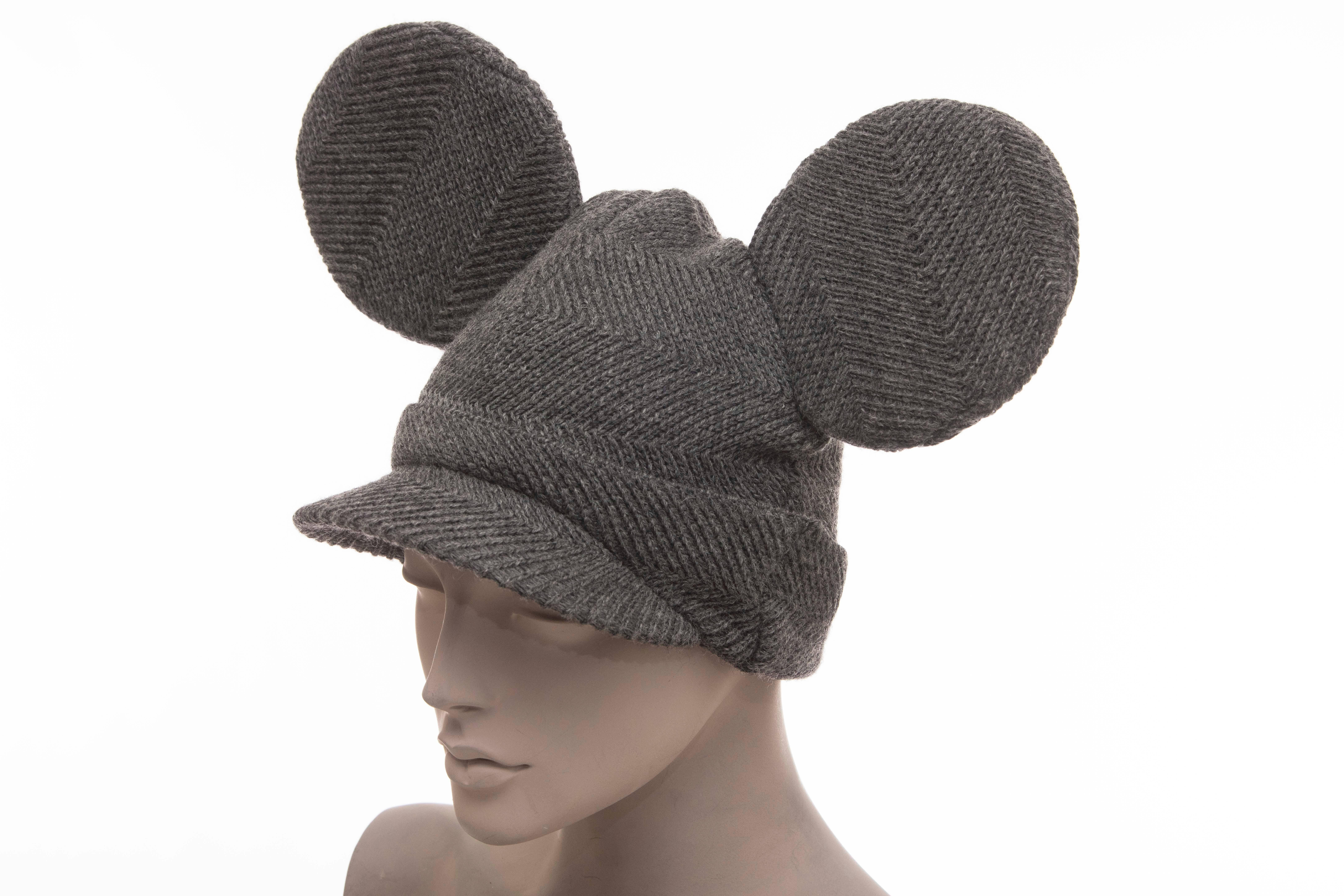 Men's Comme des Garcons Stephen Jones Grey Wool Herringbone Mouse Ears Hat, Fall 2013