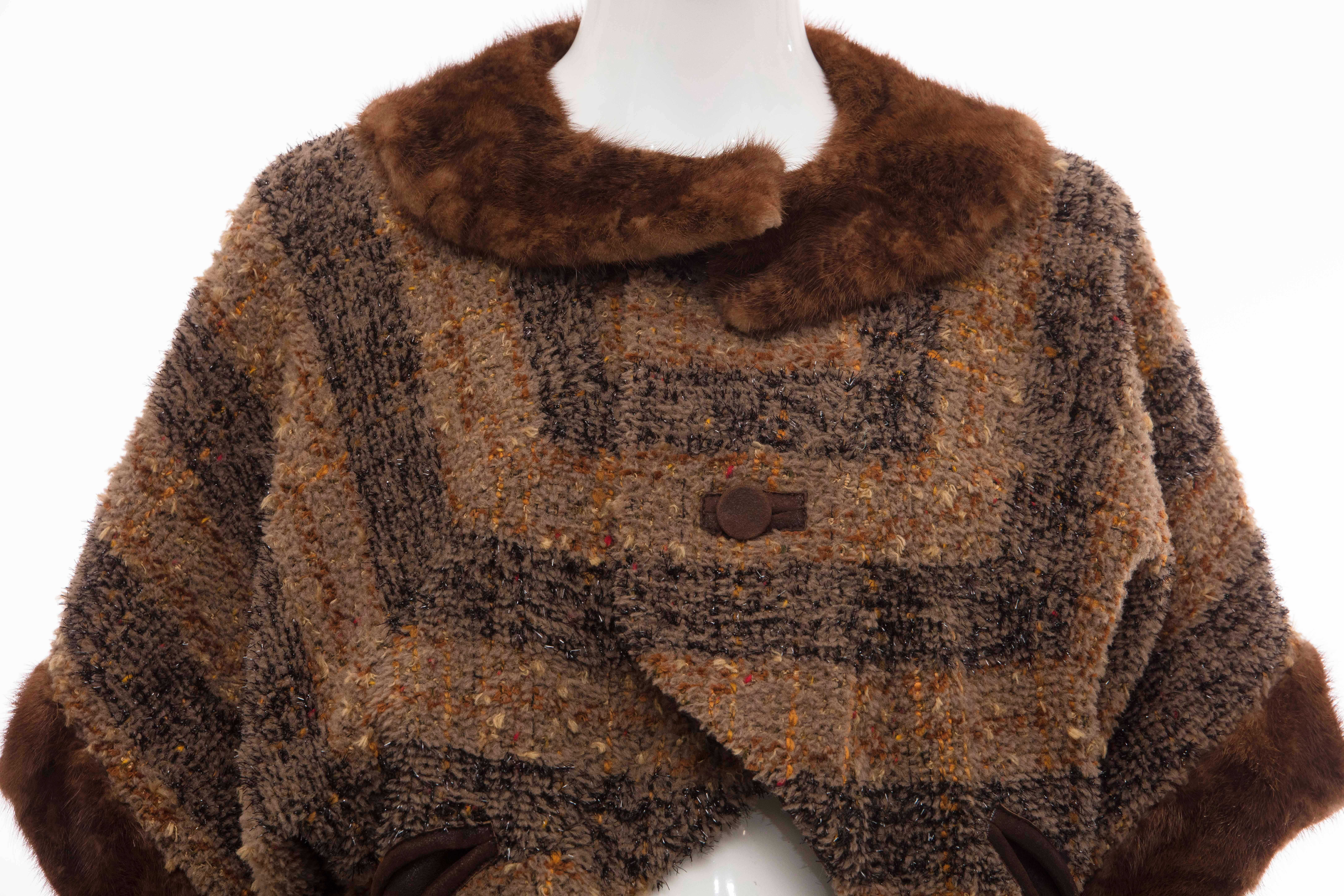 Women's Olivier Theyskens Runway Brown Metallic Tweed Cropped Jacket Fur Trim, Fall 2001 For Sale