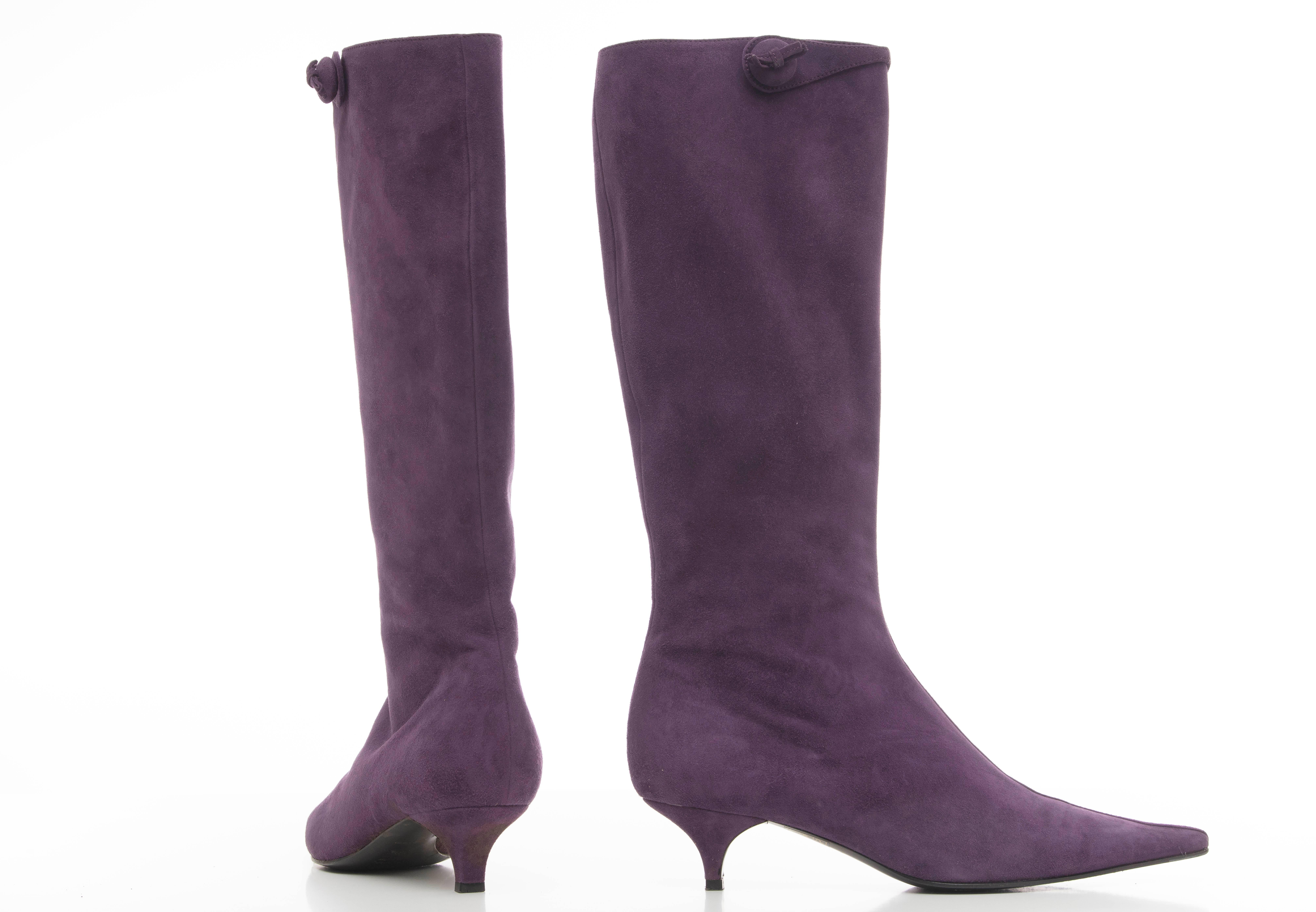 Black Prada Amethyst Suede Kitten Heel Boots For Sale