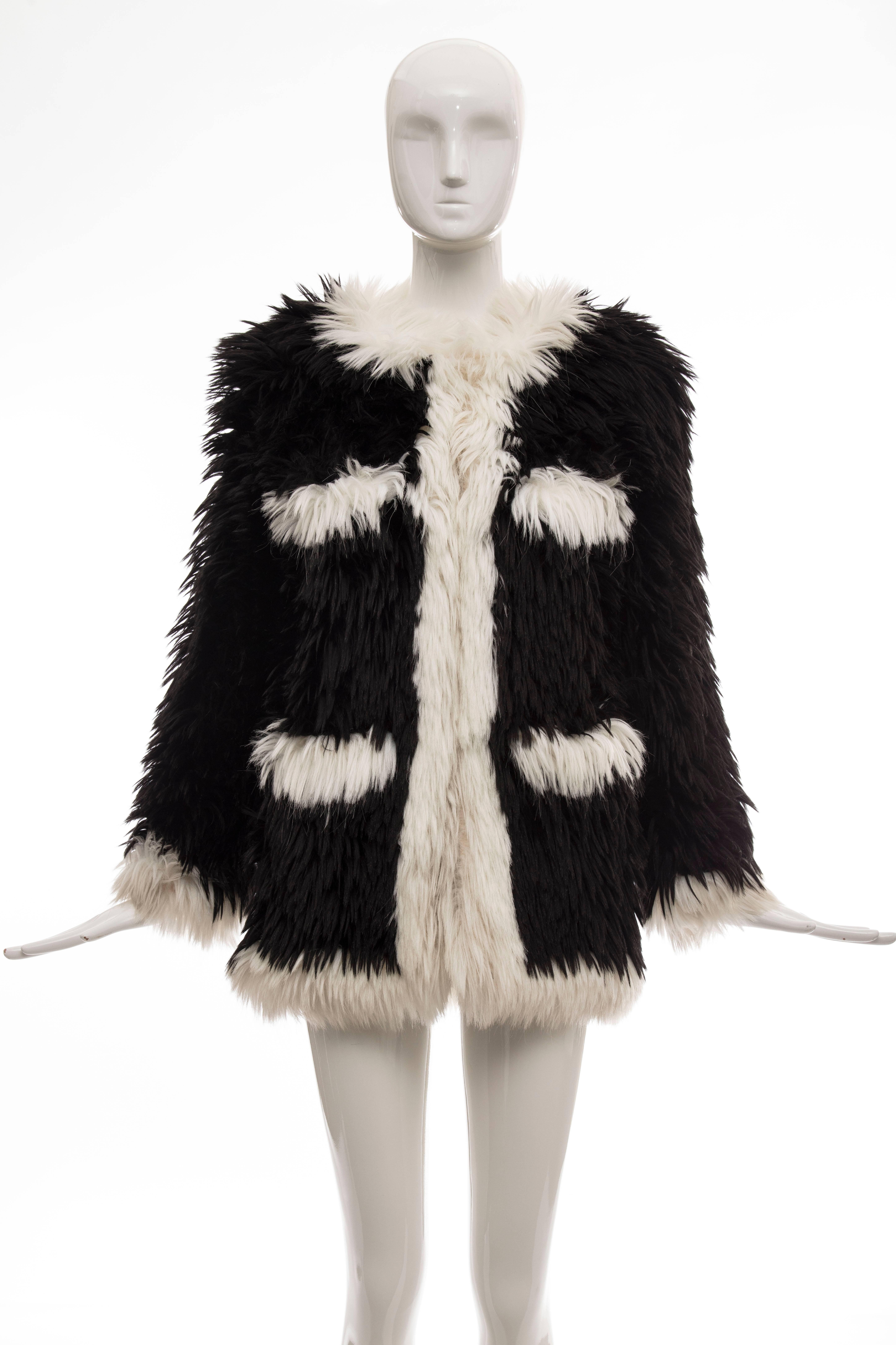 Chanel, Autumn-Winter 2004 runway black with white trim faux fur jacket crew neckline, dual patch pockets at hips, hook-and-eye closures at center front and fully lined in silk.

FR. 36
US. 4

Bust: 38, Waist 38, Shoulder 16, Length 30, Sleeve 30
