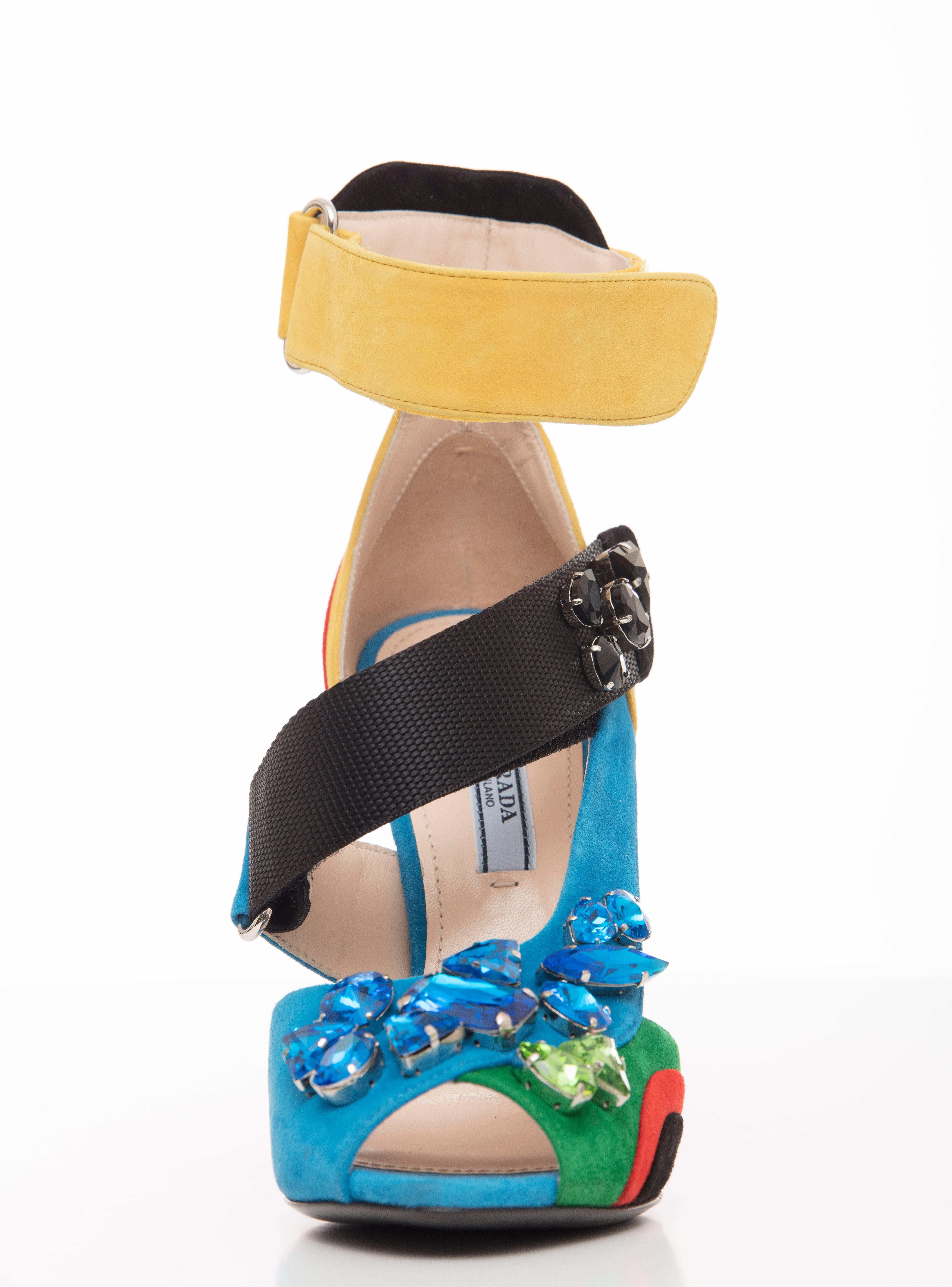 Blue Prada Suede Sandals With Jewel Embellishments, Spring 2014