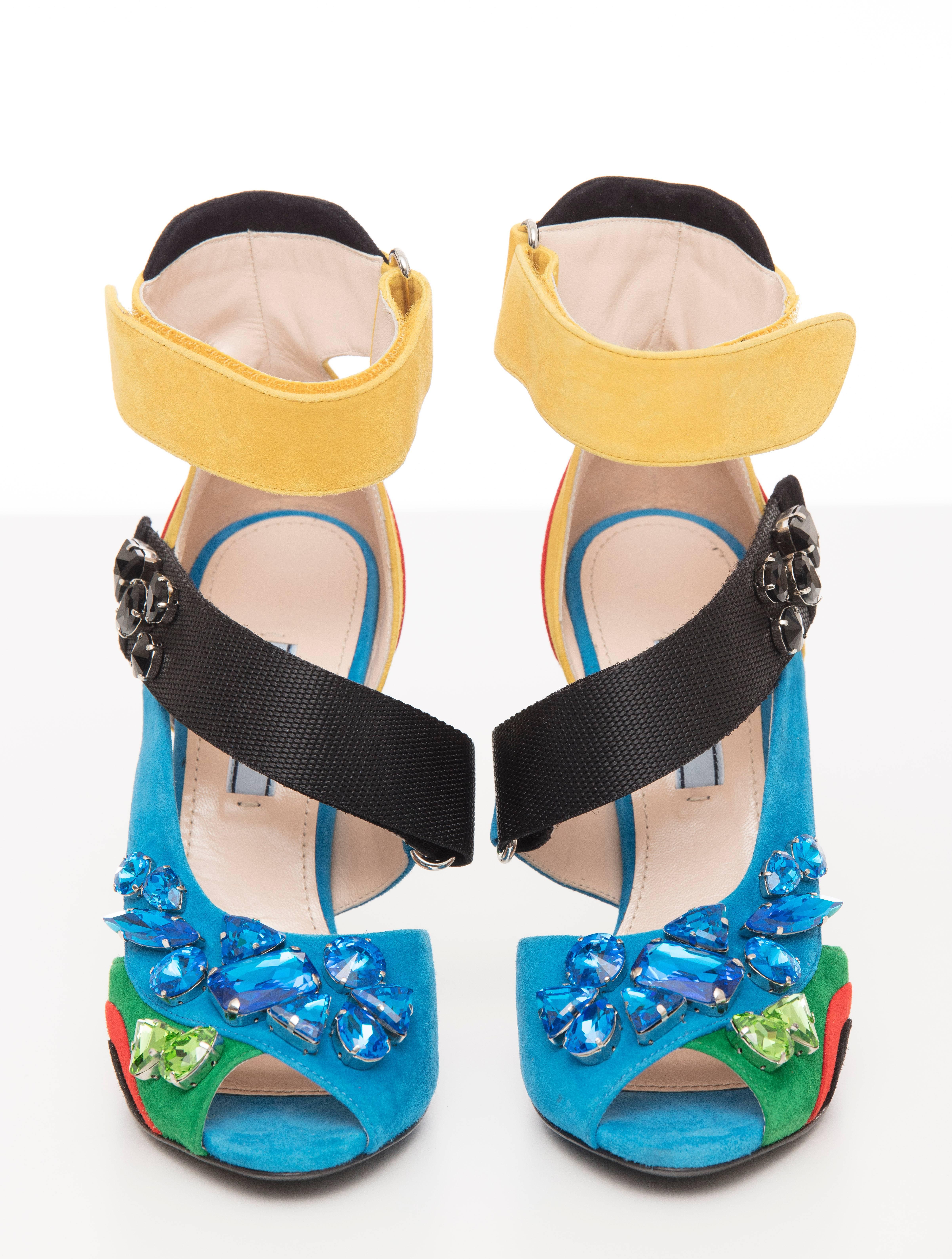Prada Suede Sandals With Jewel Embellishments, Spring 2014 In New Condition In Cincinnati, OH