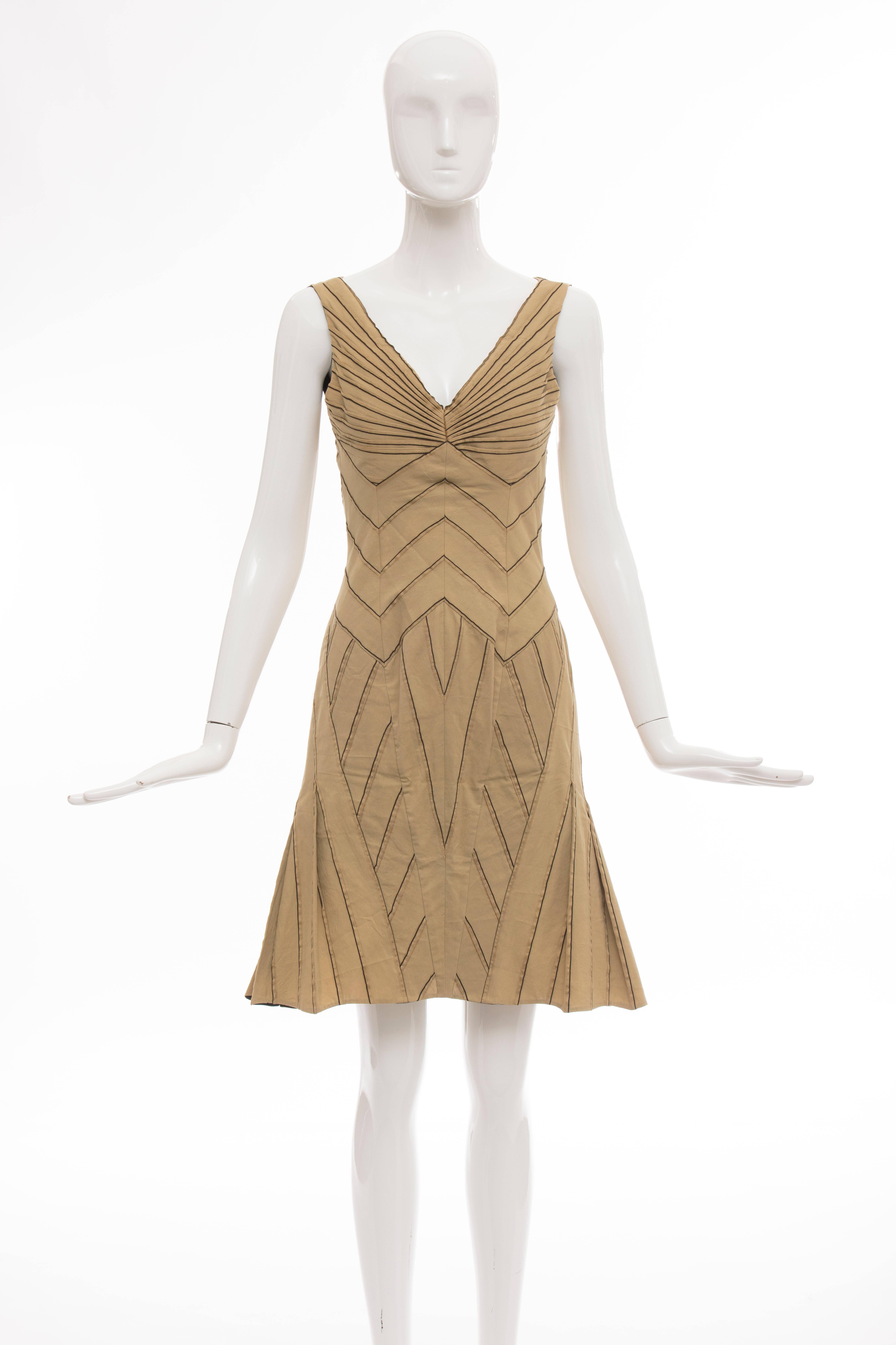 Zac Posen, Spring-Summer 2003 runway cotton silk khaki sleeveless knee-length dress with striped pattern throughout, ruffled accents at bust and concealed zip closure at back.

US. 4

Bust 31, Waist 26, Hips 31, Length 37