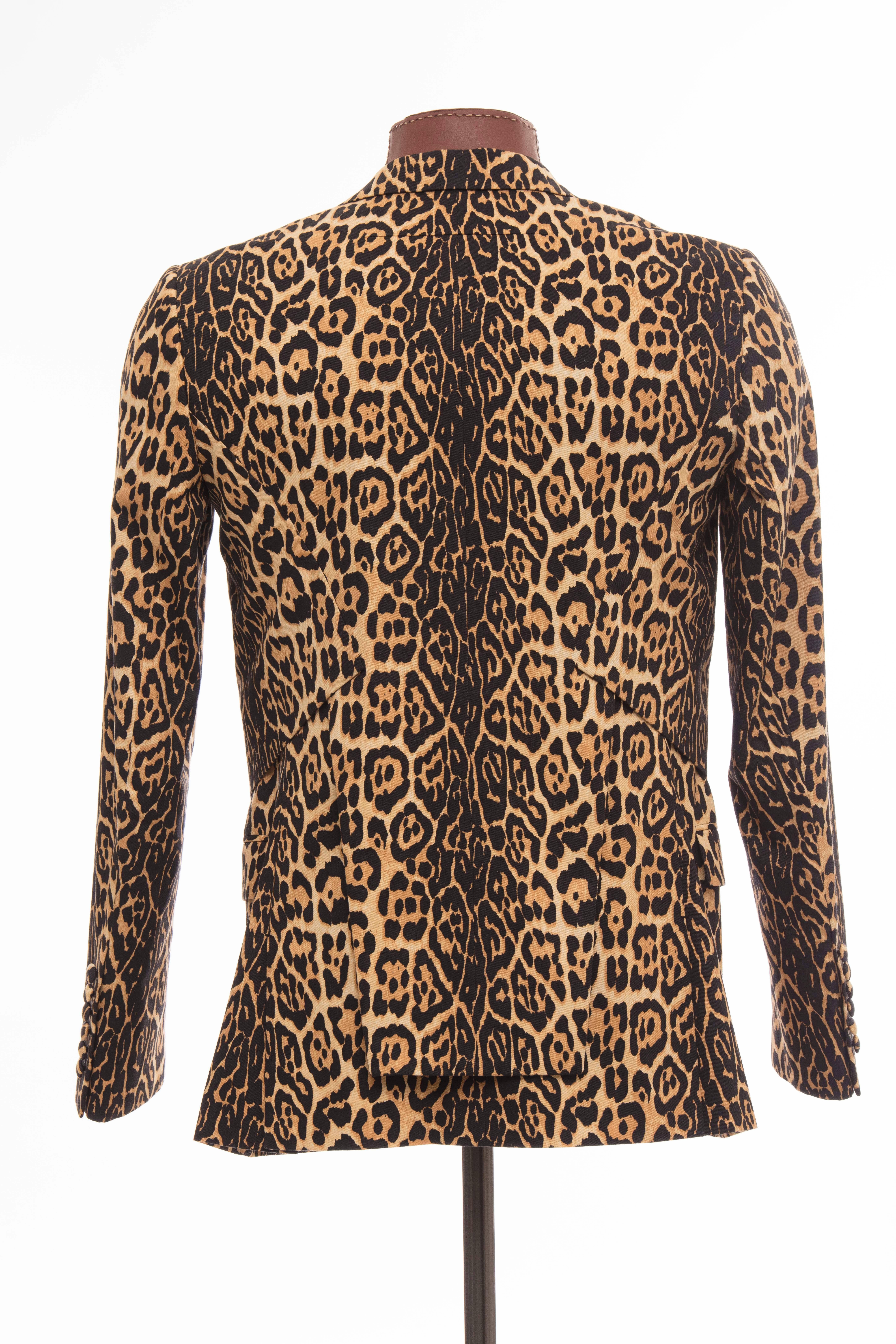 Riccardo Tisci for Givenchy, Spring-Summer 2011 men's runway cotton leopard blazer with notched lapels, slit pocket at chest, dual flap pockets at sides, layered back featuring double vent, black cotton woven lining featuring three welt pockets and
