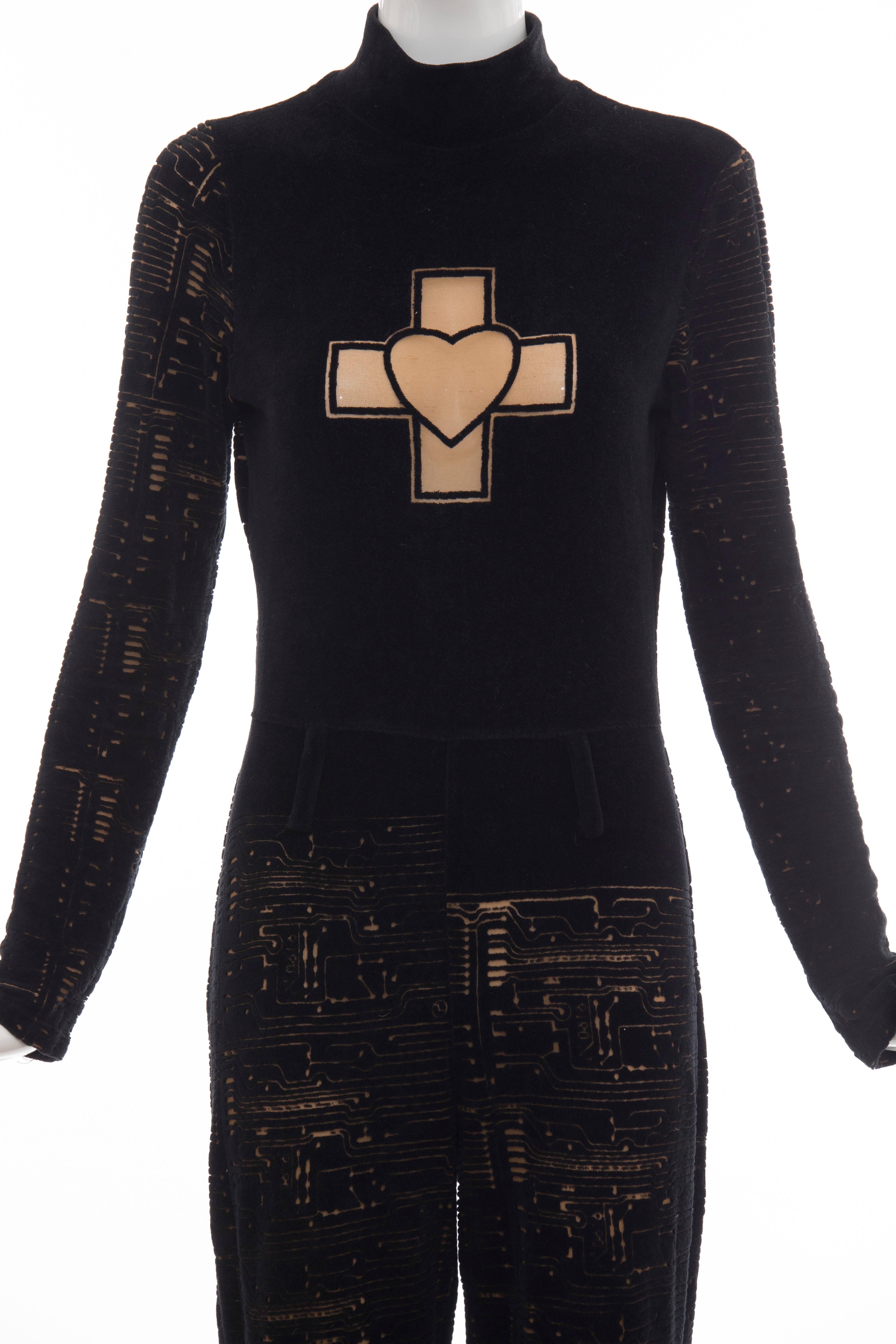 Jean Paul Gaultier Black Jumpsuit Devore Circuit Board Pattern, Circa 1990's 1