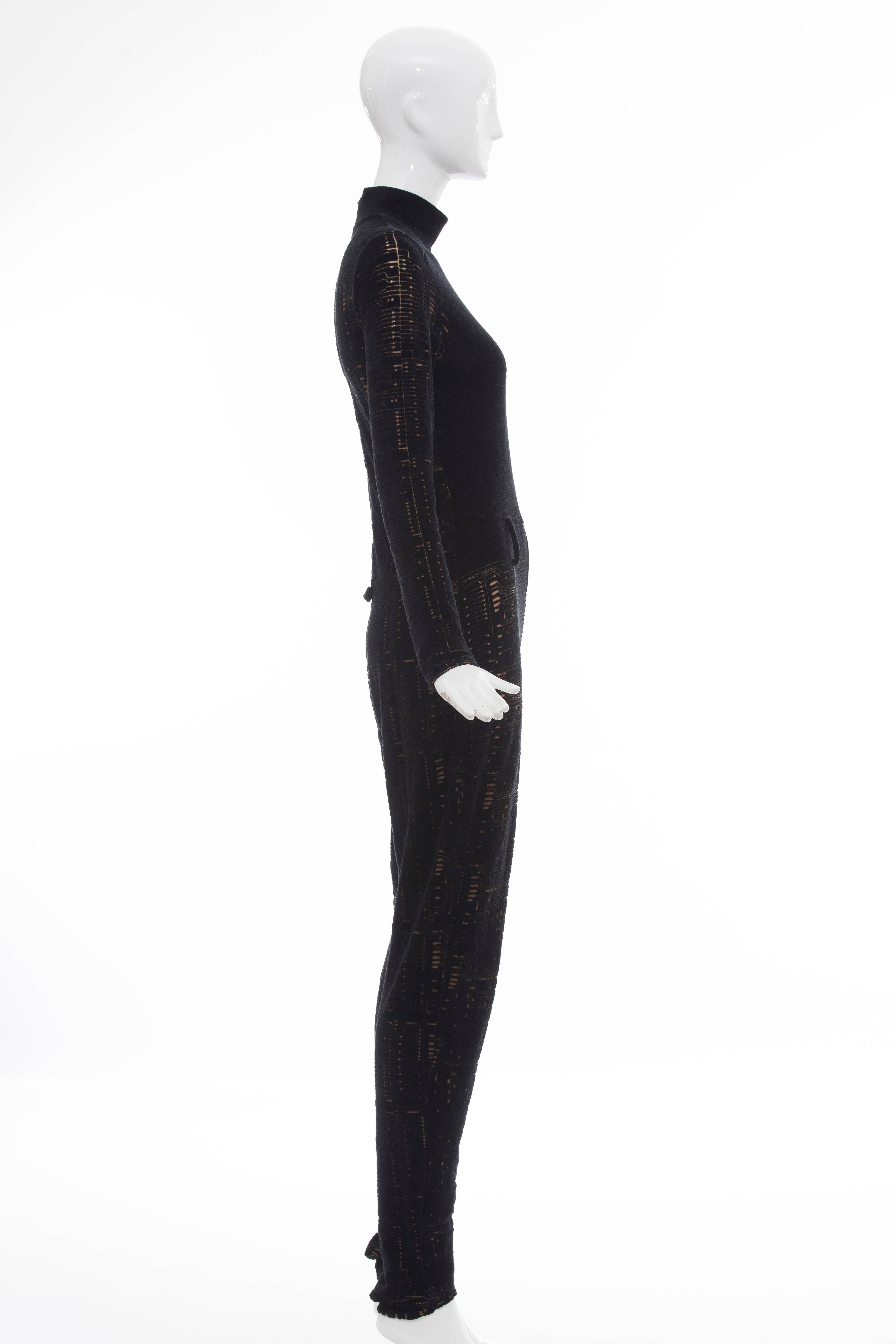 Jean Paul Gaultier Black Jumpsuit Devore Circuit Board Pattern, Circa 1990's 3