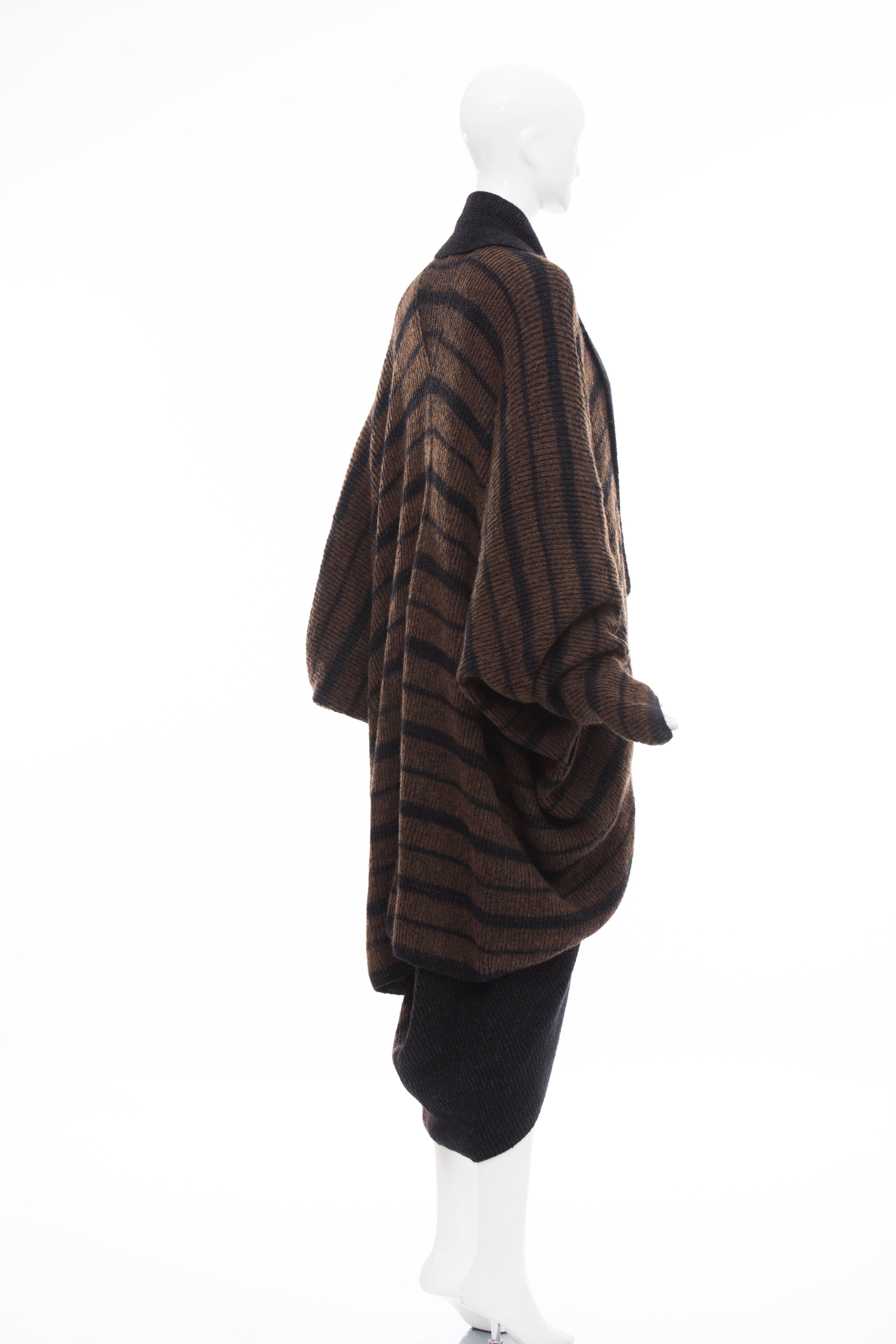 Black Issey Miyake Striped Wool Sweater Dress Cocoon Cardigan Ensemble, Circa 1970s For Sale