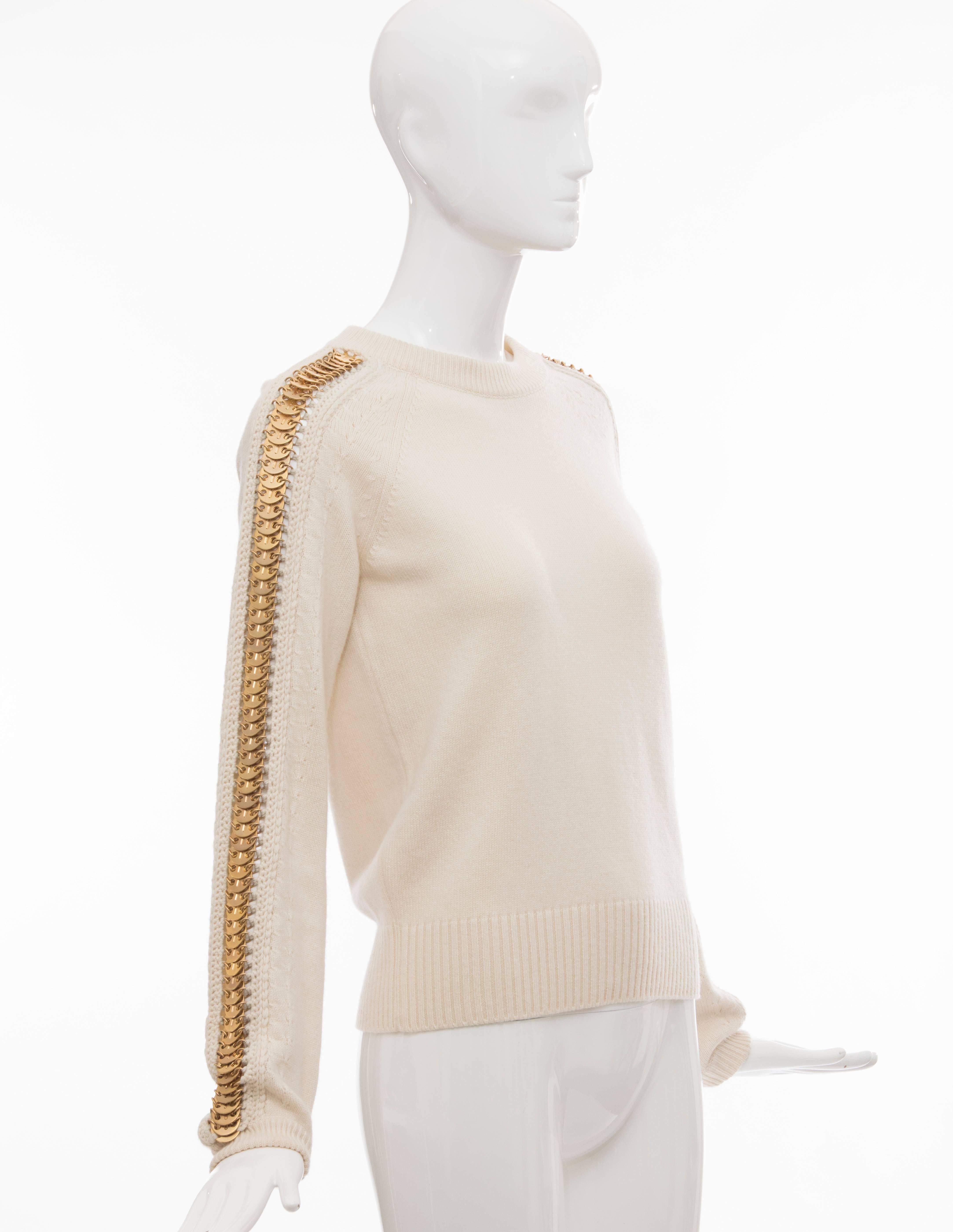 Paco Rabanne Cream Wool Cashmere Matte Gold Disc Sleeve Crew Neck Sweater  In Excellent Condition For Sale In Cincinnati, OH