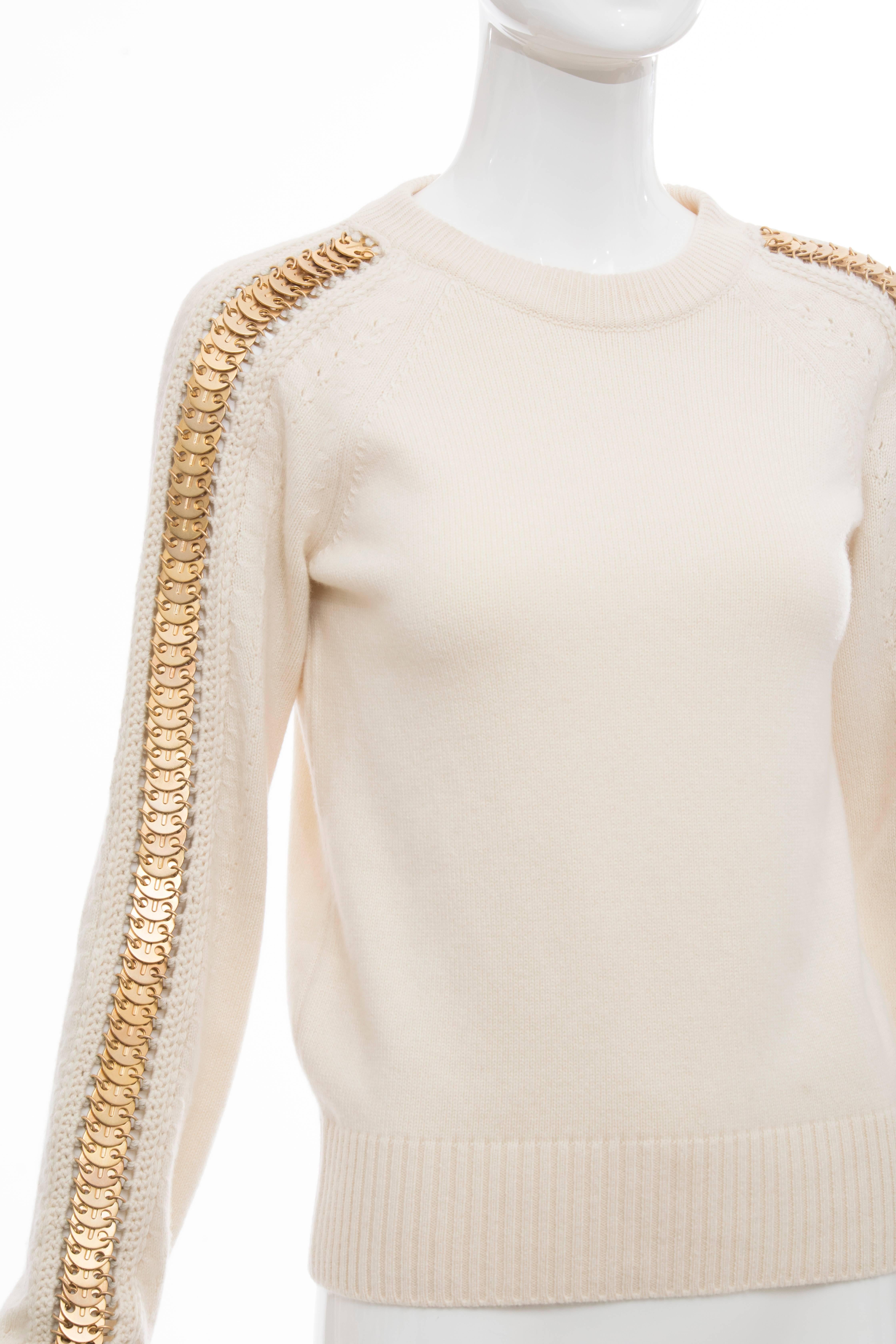 Women's Paco Rabanne Cream Wool Cashmere Matte Gold Disc Sleeve Crew Neck Sweater  For Sale