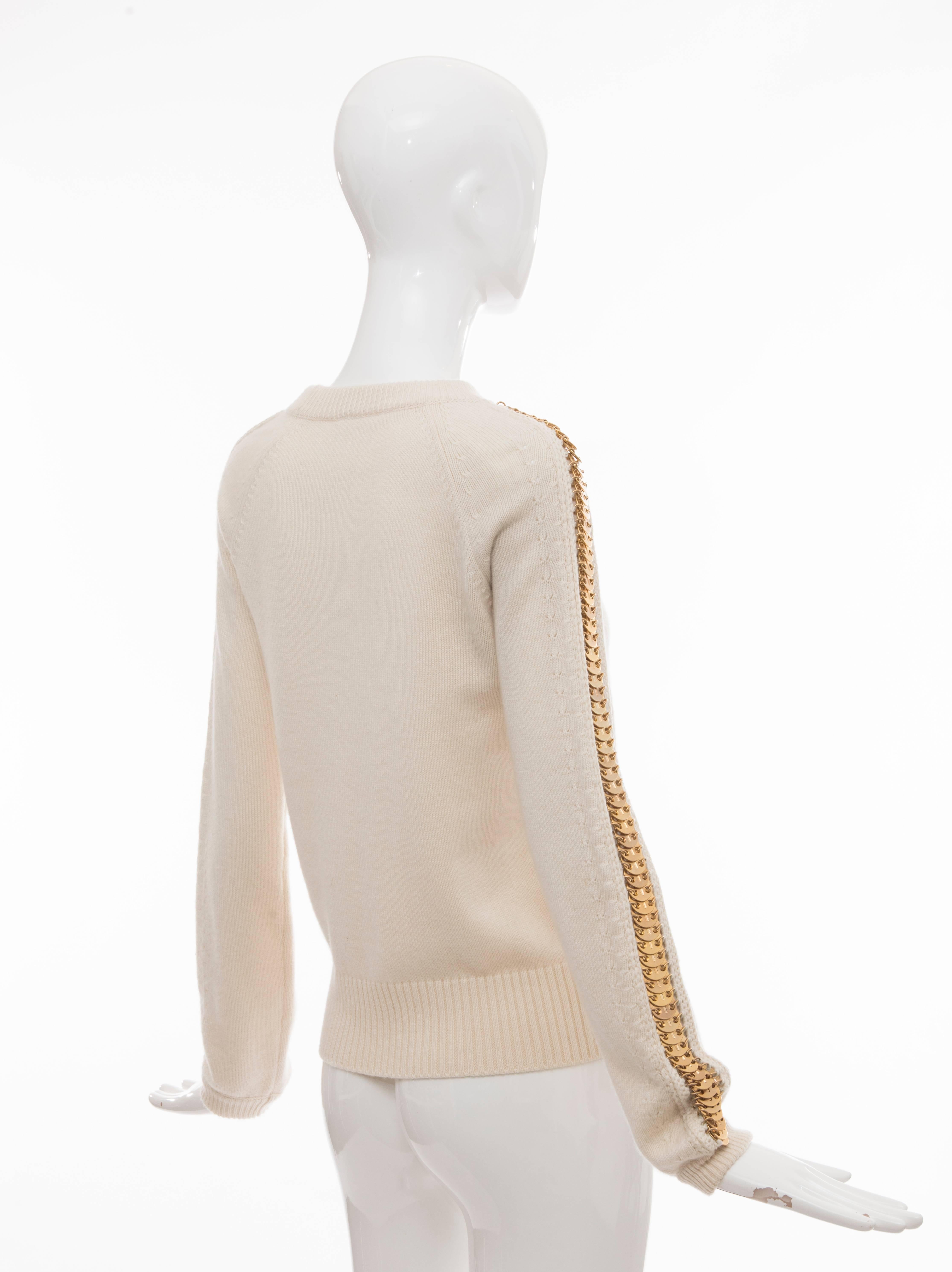 Paco Rabanne Cream Wool Cashmere Matte Gold Disc Sleeve Crew Neck Sweater  For Sale 1