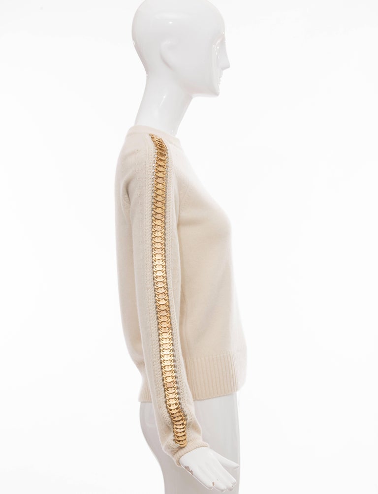 Paco Rabanne Cream Wool Cashmere Matte Gold Disc Sleeve Crew Neck ...