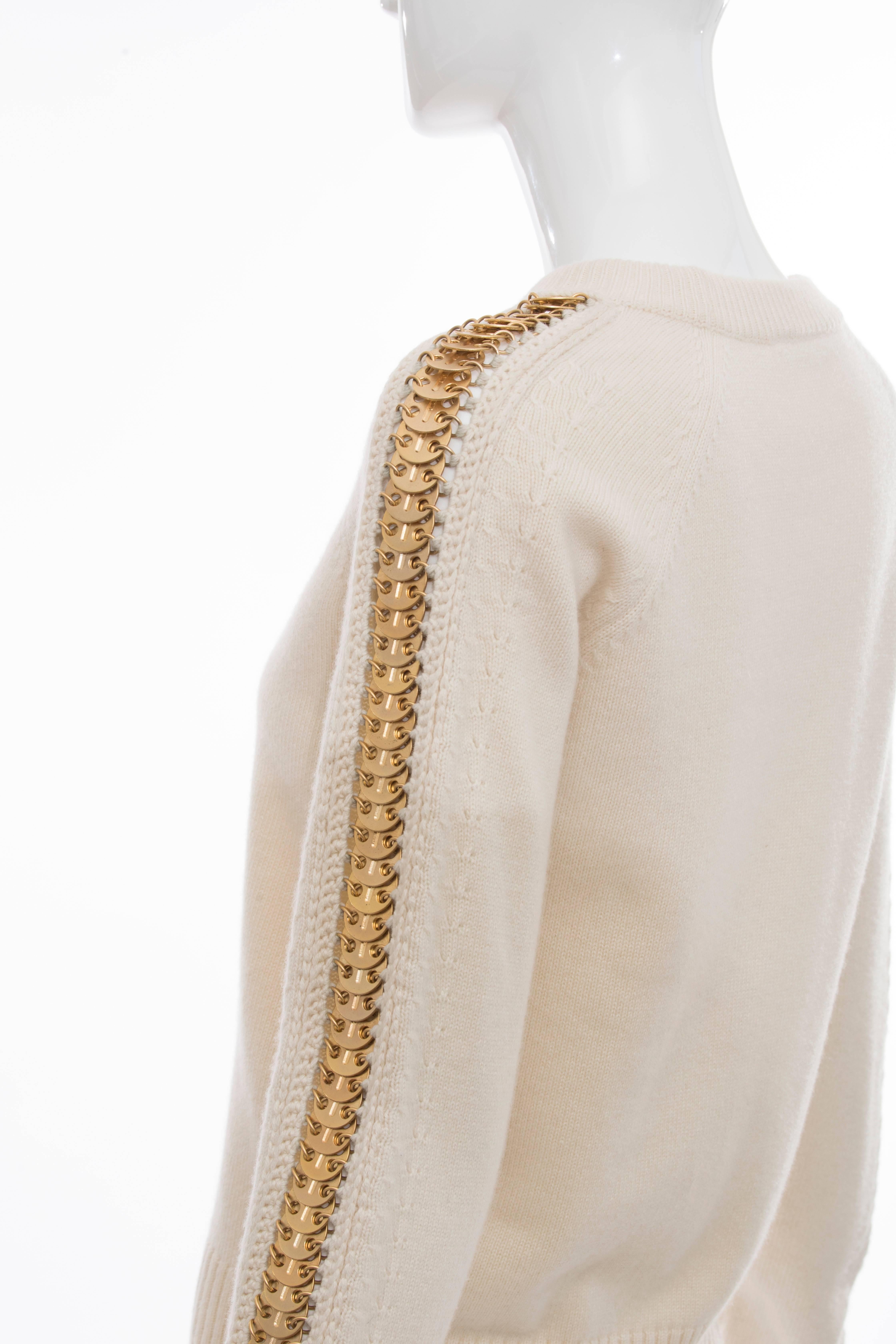 Paco Rabanne Cream Wool Cashmere Matte Gold Disc Sleeve Crew Neck Sweater  For Sale 3