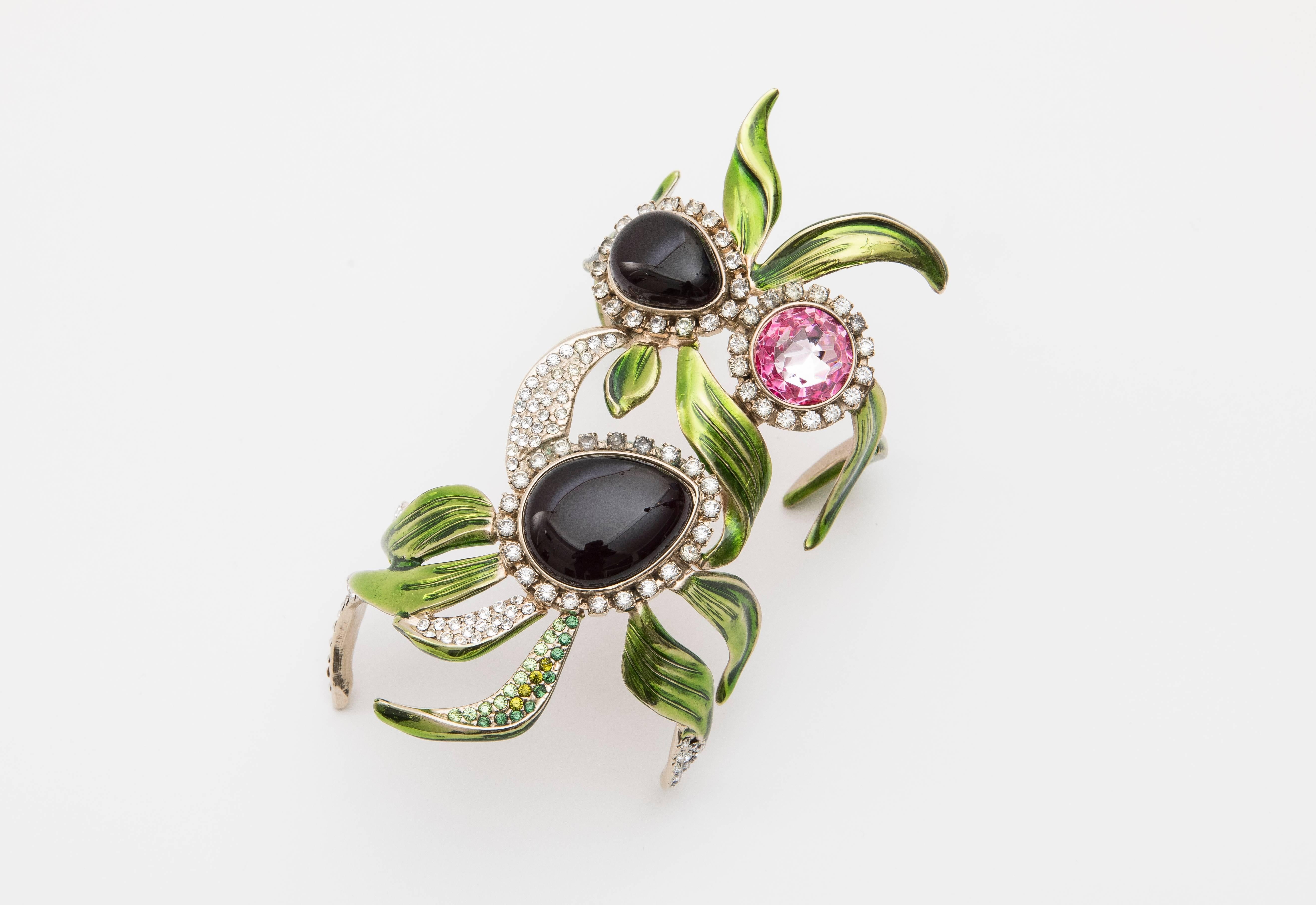 Tom Ford for Yves Saint Laurent Rive Gauche, Spring-Summer 2004 cuff bracelet with glass cabochons, sculpted enamel leaf detailing and diamanté embellishments. Includes designer box.

Fits a wrist size of 5.50 or smaller.

Inside Circumference 6,