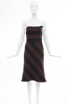 Prada Brown Navy Blue Striped Virgin Wool Tweed Strapless Dress, Fall 2000