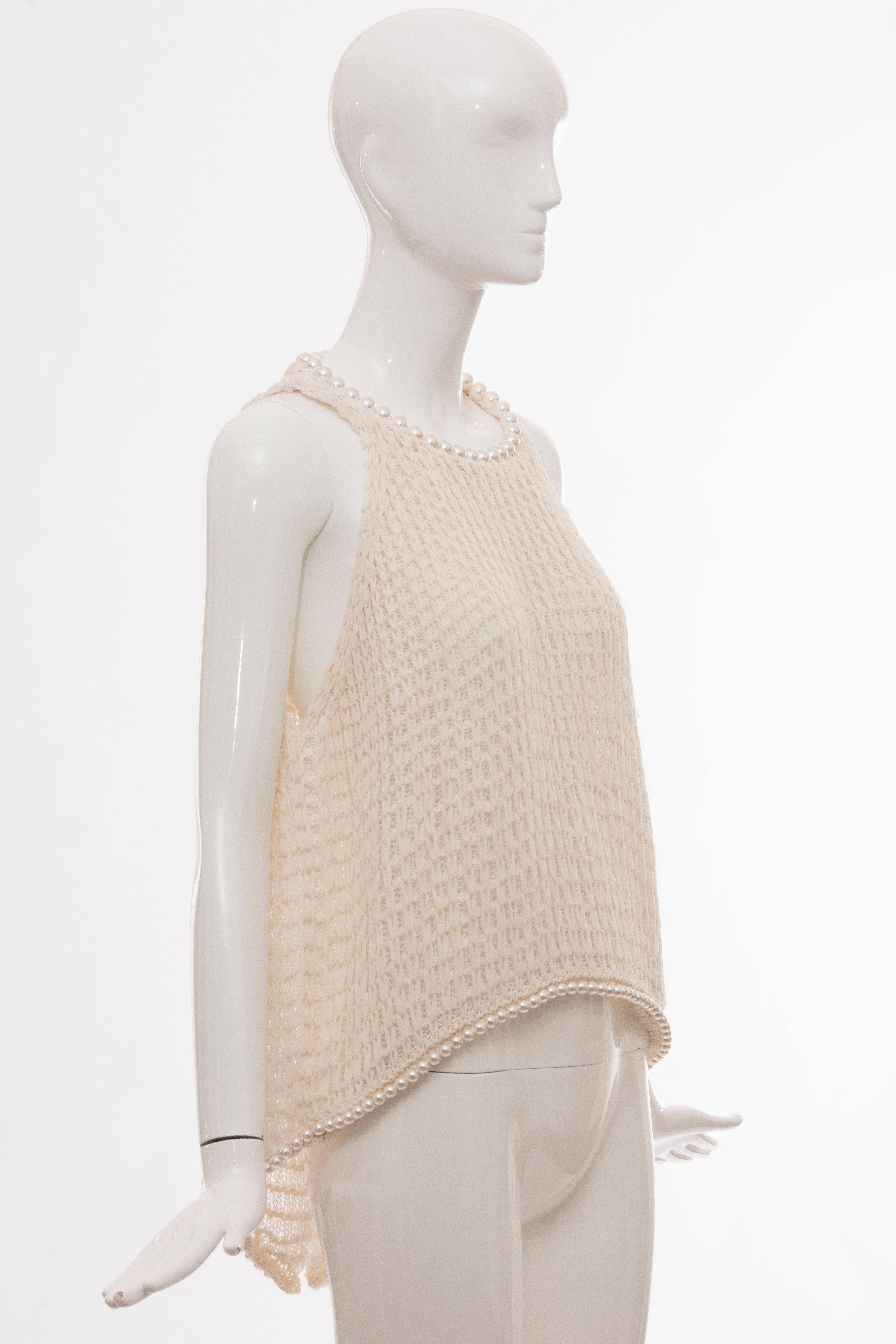 Beige Chanel Cream Silk Blend Open Knit Top With Pearl Embellishments, Spring 2009 For Sale