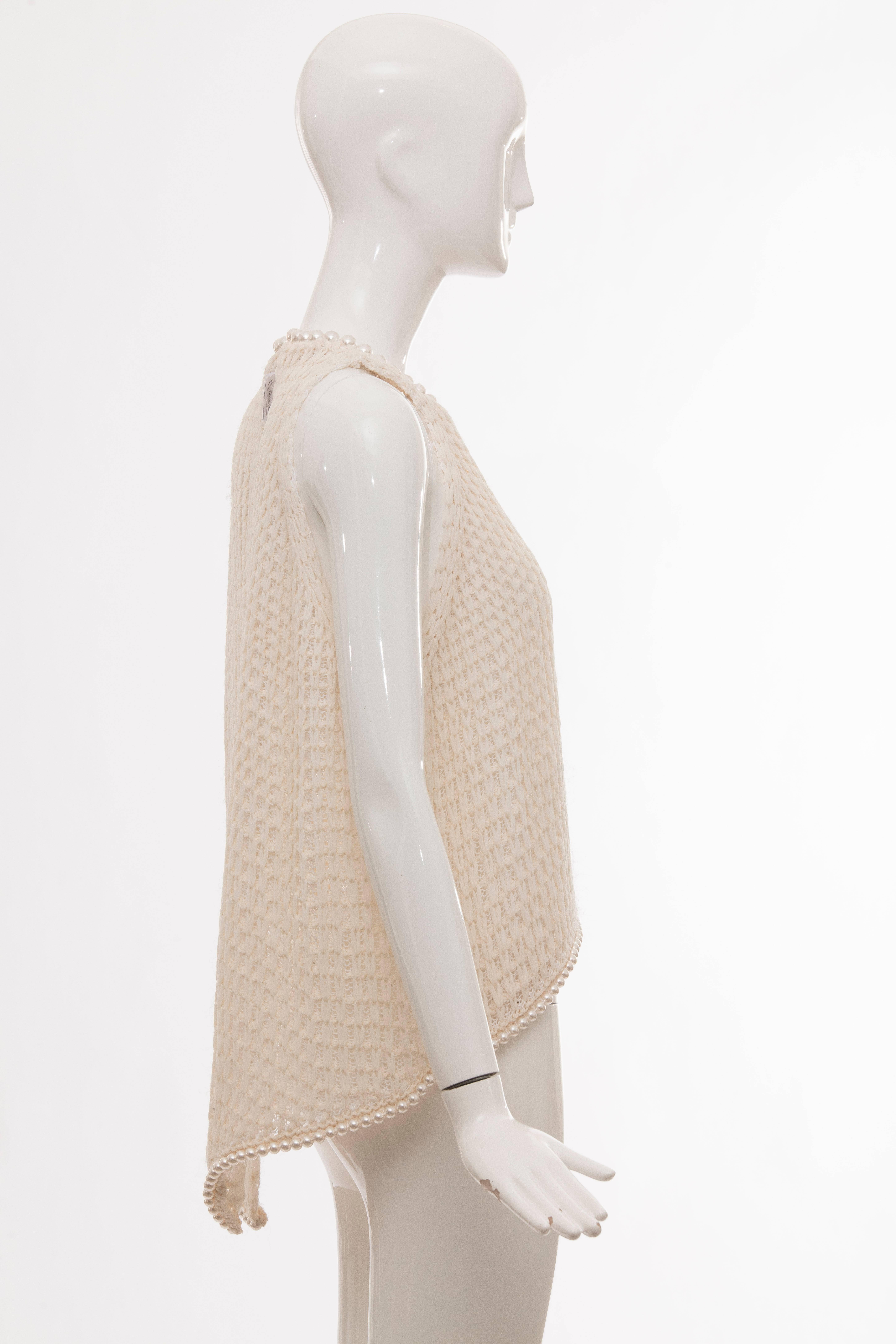 Women's Chanel Cream Silk Blend Open Knit Top With Pearl Embellishments, Spring 2009 For Sale