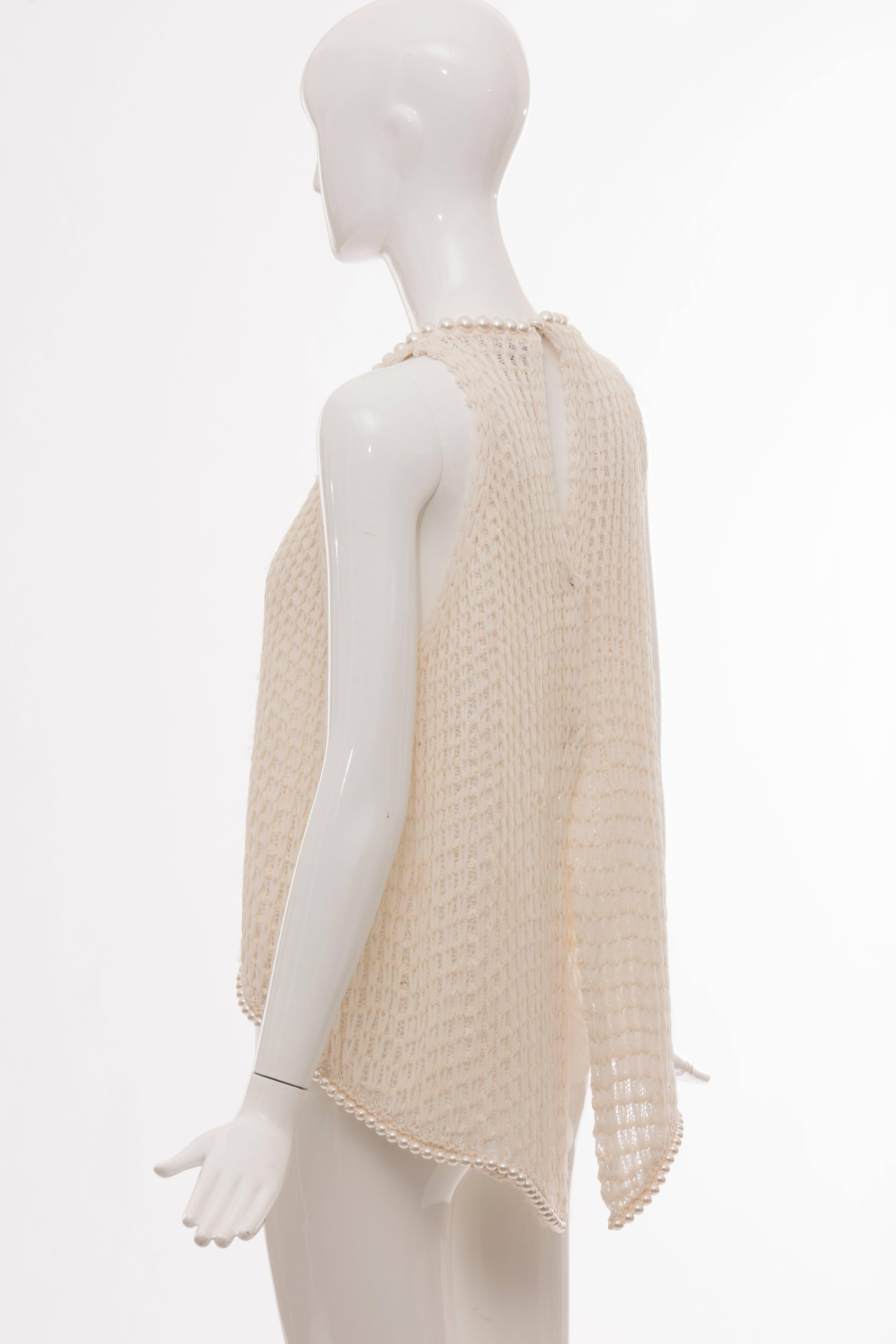 Chanel Cream Silk Blend Open Knit Top With Pearl Embellishments, Spring 2009 For Sale 2