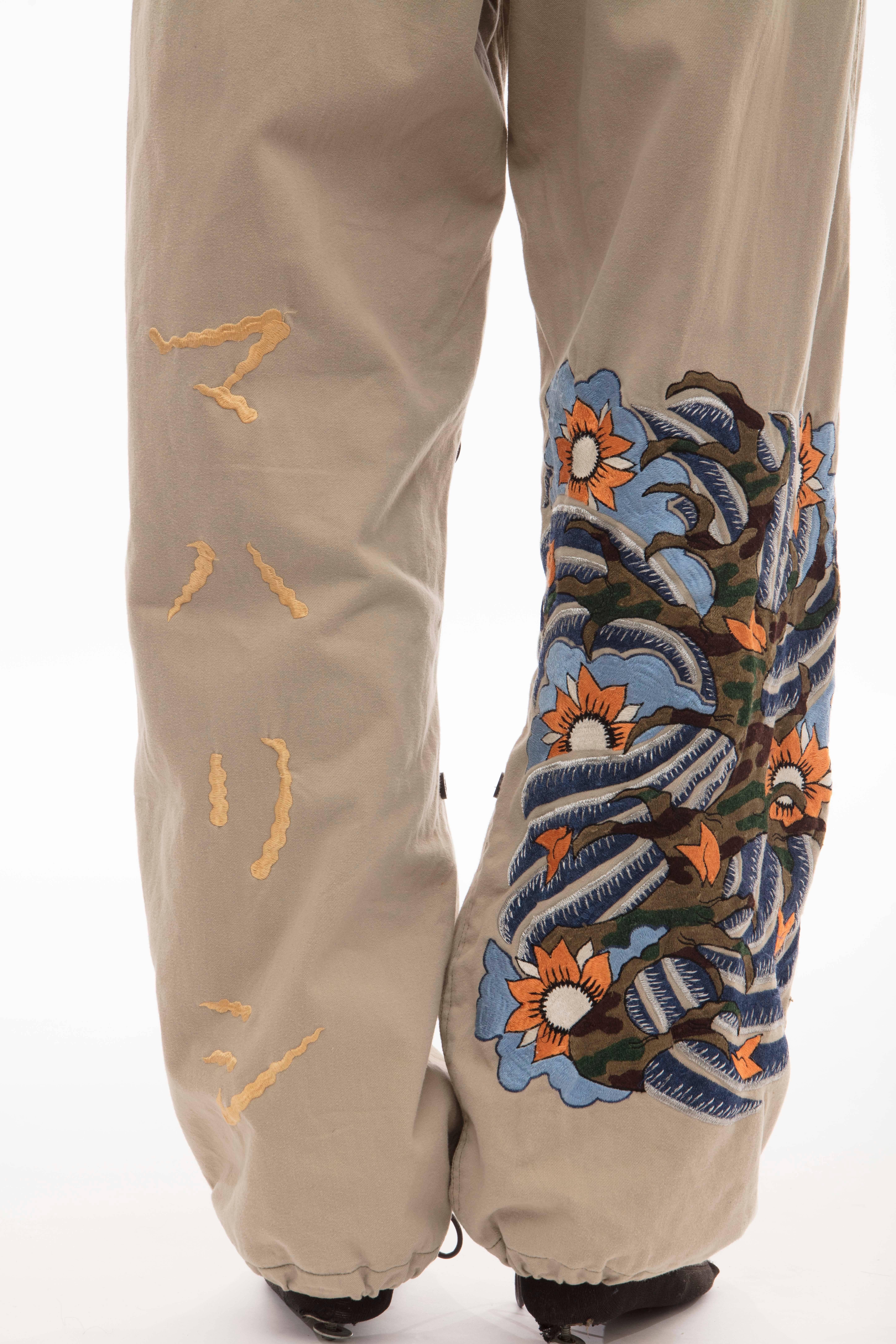 Brown Maharishi Men's Khaki Embroidered Cotton Pants, Circa 2004