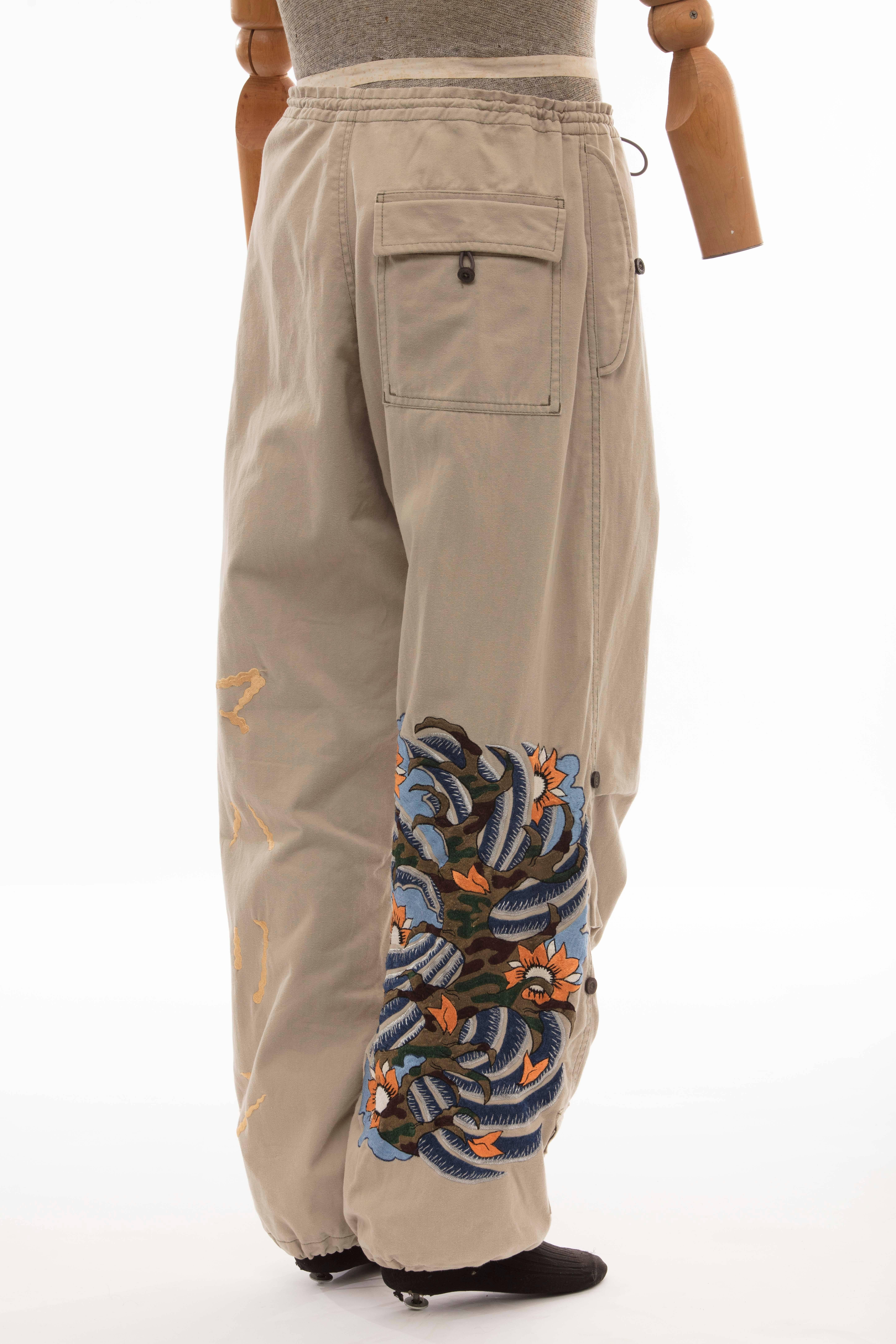 Maharishi Men's Khaki Embroidered Cotton Pants, Circa 2004 In Excellent Condition In Cincinnati, OH