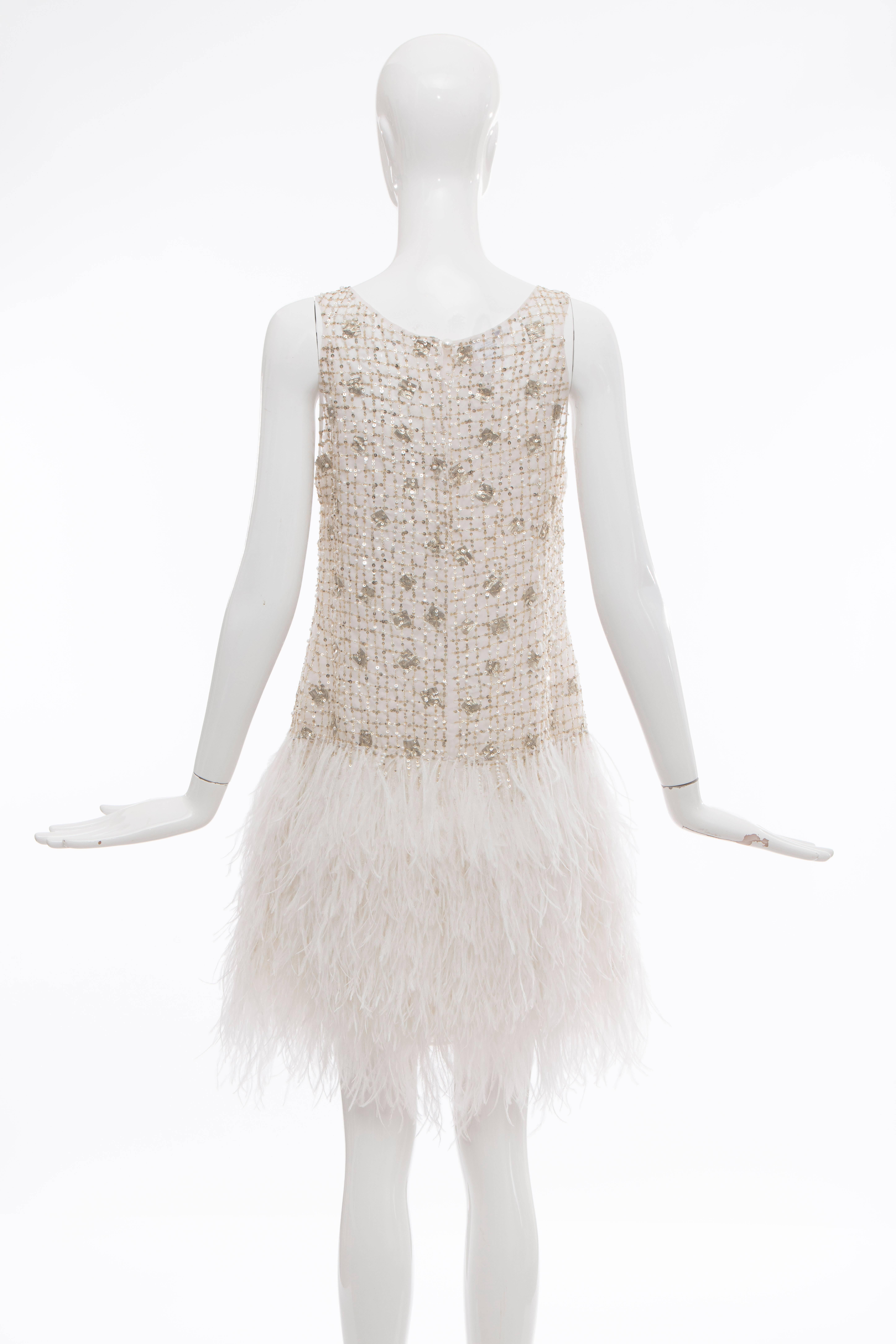 Beige Oscar de la Renta Silk Metallic Sequin Pearl Evening Dress With Ostrich Feathers