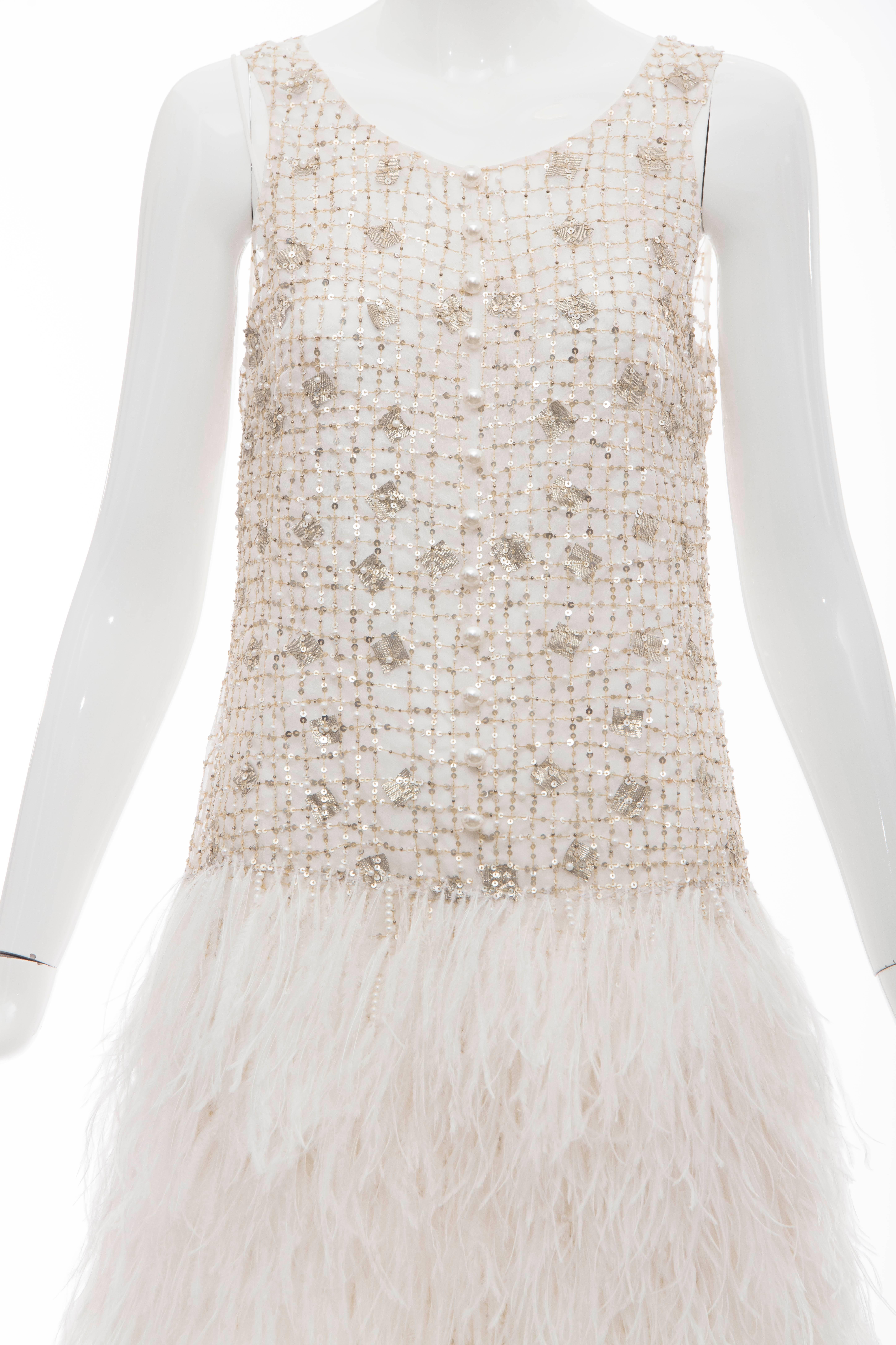 Women's Oscar de la Renta Silk Metallic Sequin Pearl Evening Dress With Ostrich Feathers