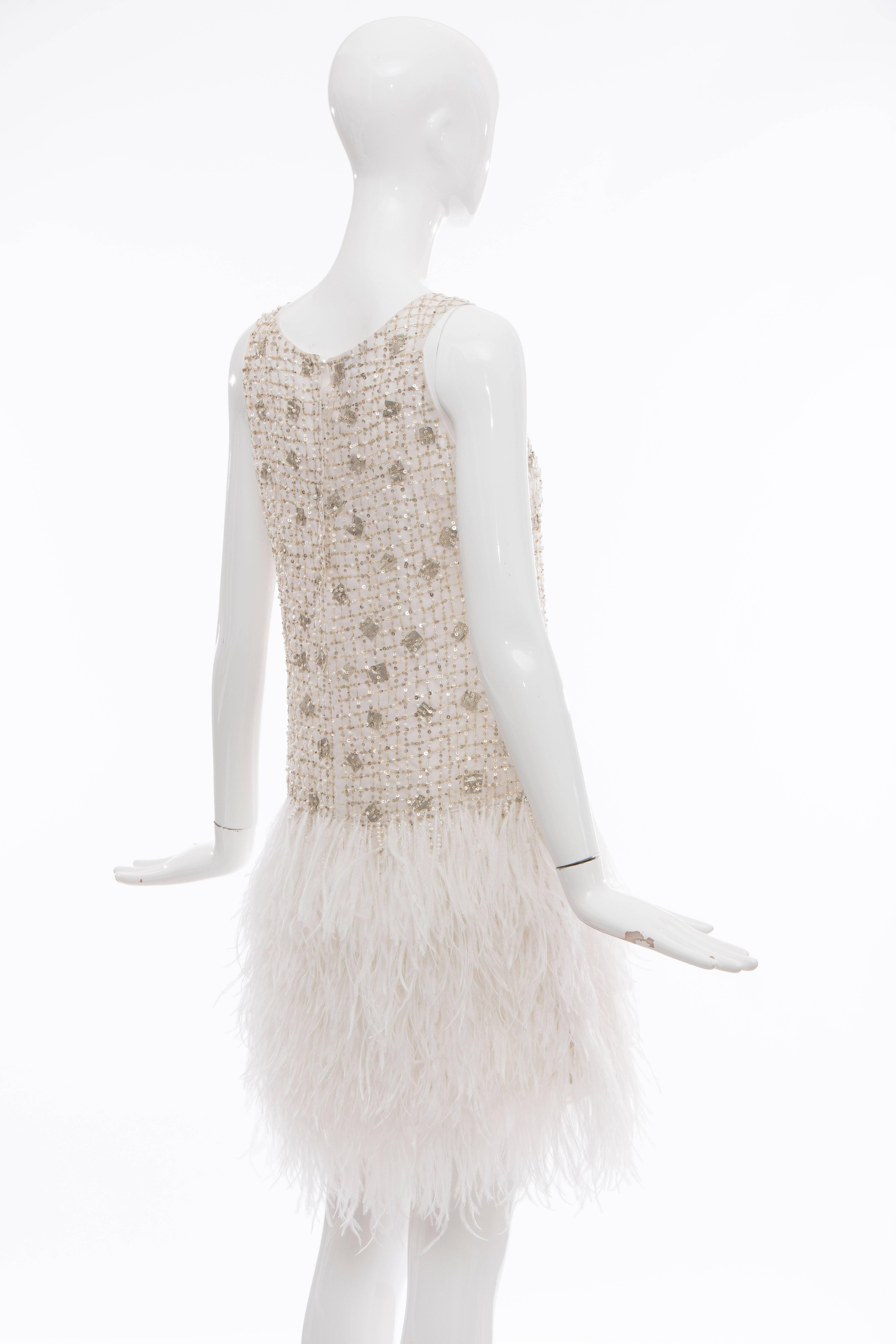 Oscar de la Renta Silk Metallic Sequin Pearl Evening Dress With Ostrich Feathers 1